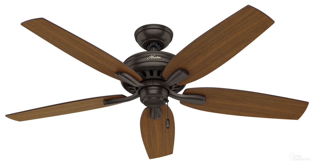 Newsome 52 Inch Damp Rated Ceiling Fan and Pull Chain In Premier Bronze and Stained Oak