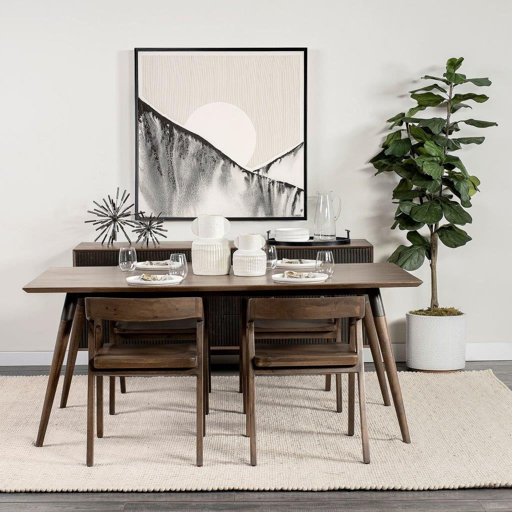 The appearance of Nicholas Ii Dining Set In Brown designed by Mercana in the modern / contemporary interior design. This brown piece of furniture  was selected by 1StopBedrooms from Nicholas Collection to add a touch of cosiness and style into your home. Sku: 68844;68852. Table Base Style: Legs. Material: Wood. Table Top Shape: Rectangular. Size: 39".