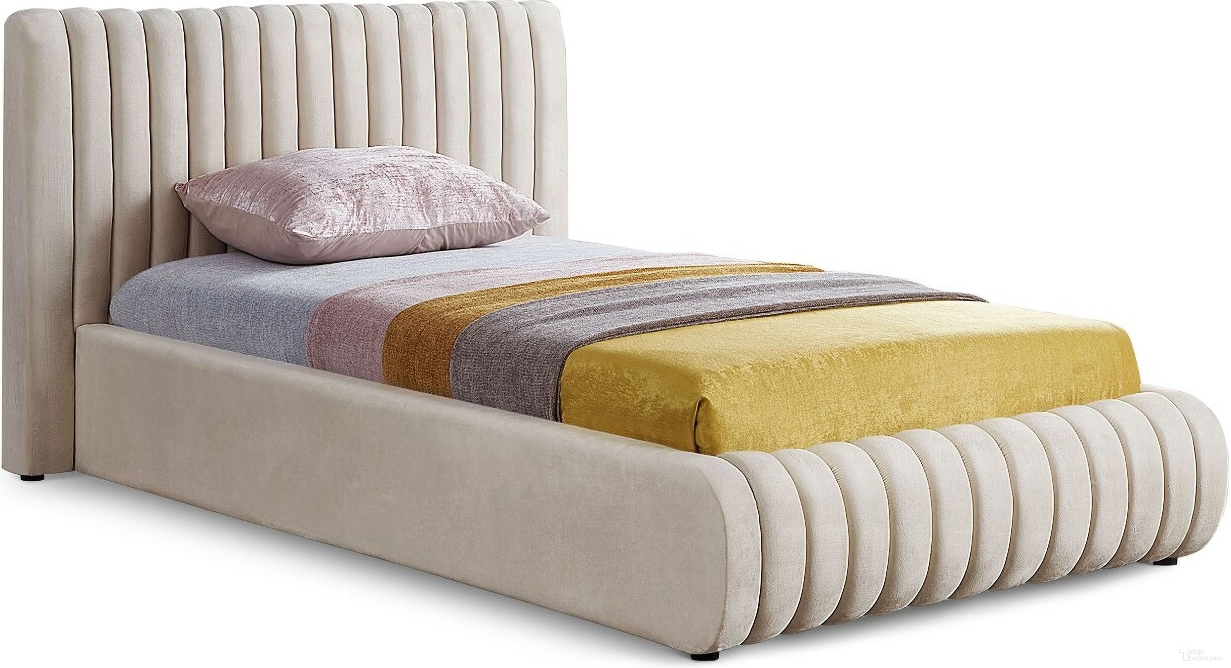 The appearance of Nico Velvet Twin Bed In Cream designed by Meridian in the modern / contemporary interior design. This cream velvet piece of furniture was selected by 1StopBedrooms from Nico Collection to add a touch of cosiness and style into your home. Sku: NicoCream-T Box 1/2 (Headboard / Slats);NicoCream-T Box 2/2 (Footboard / Center Bar / Hardware / Slats / Rails). Bed Type: Panel Bed. Bed Size: Twin. Material: Velvet.