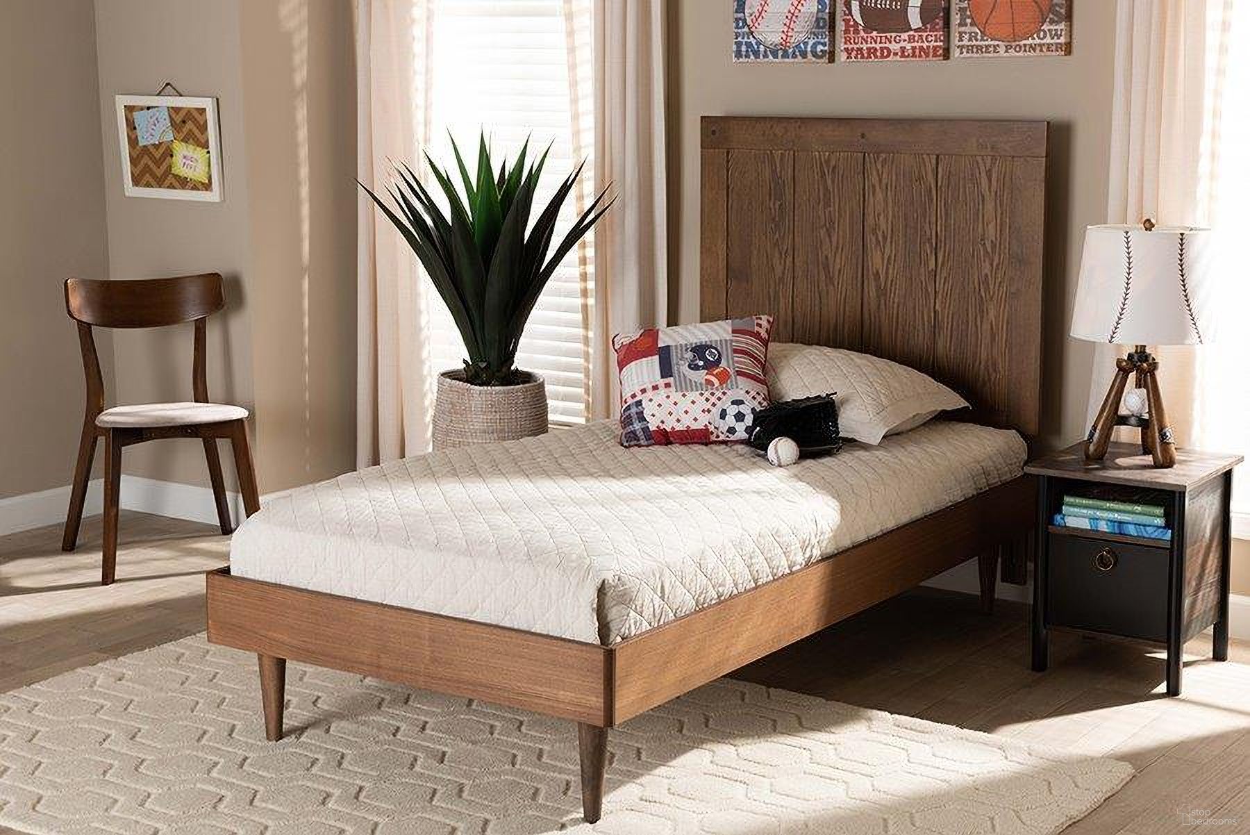 Nicola Mid-Century Modern Transitional Ash Walnut Finished Wood Twin Size Platform Bed
