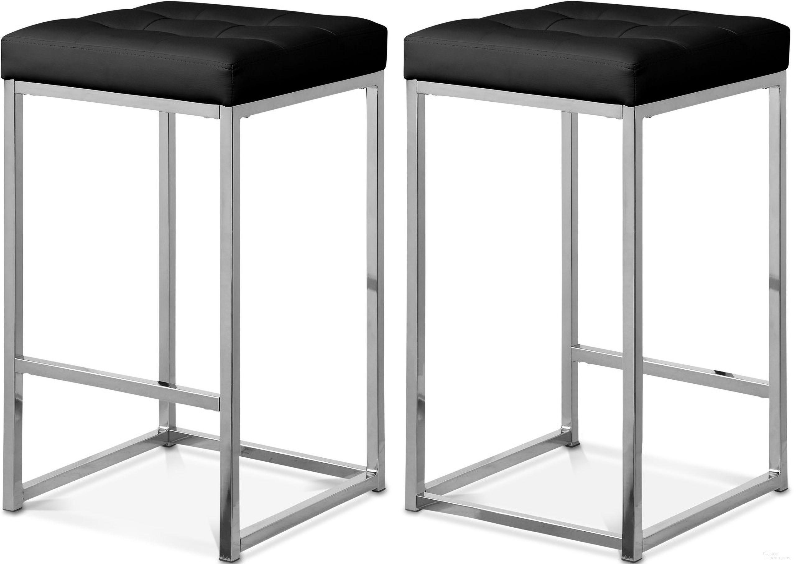 The appearance of Nicola Vegan Leather Stool Set of 2 In Black/Chrome designed by Meridian in the modern / contemporary interior design. This black piece of furniture was selected by 1StopBedrooms from Nicola Collection to add a touch of cosiness and style into your home. Sku: 905Black-C. Material: Steel.