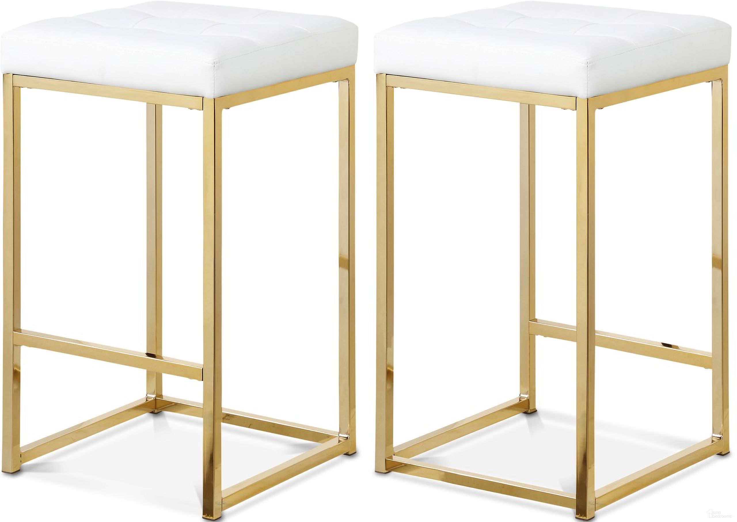 The appearance of Nicola Vegan Leather Stool Set of 2 In White/Gold designed by Meridian in the modern / contemporary interior design. This white piece of furniture was selected by 1StopBedrooms from Nicola Collection to add a touch of cosiness and style into your home. Sku: 907White-C. Material: Steel.