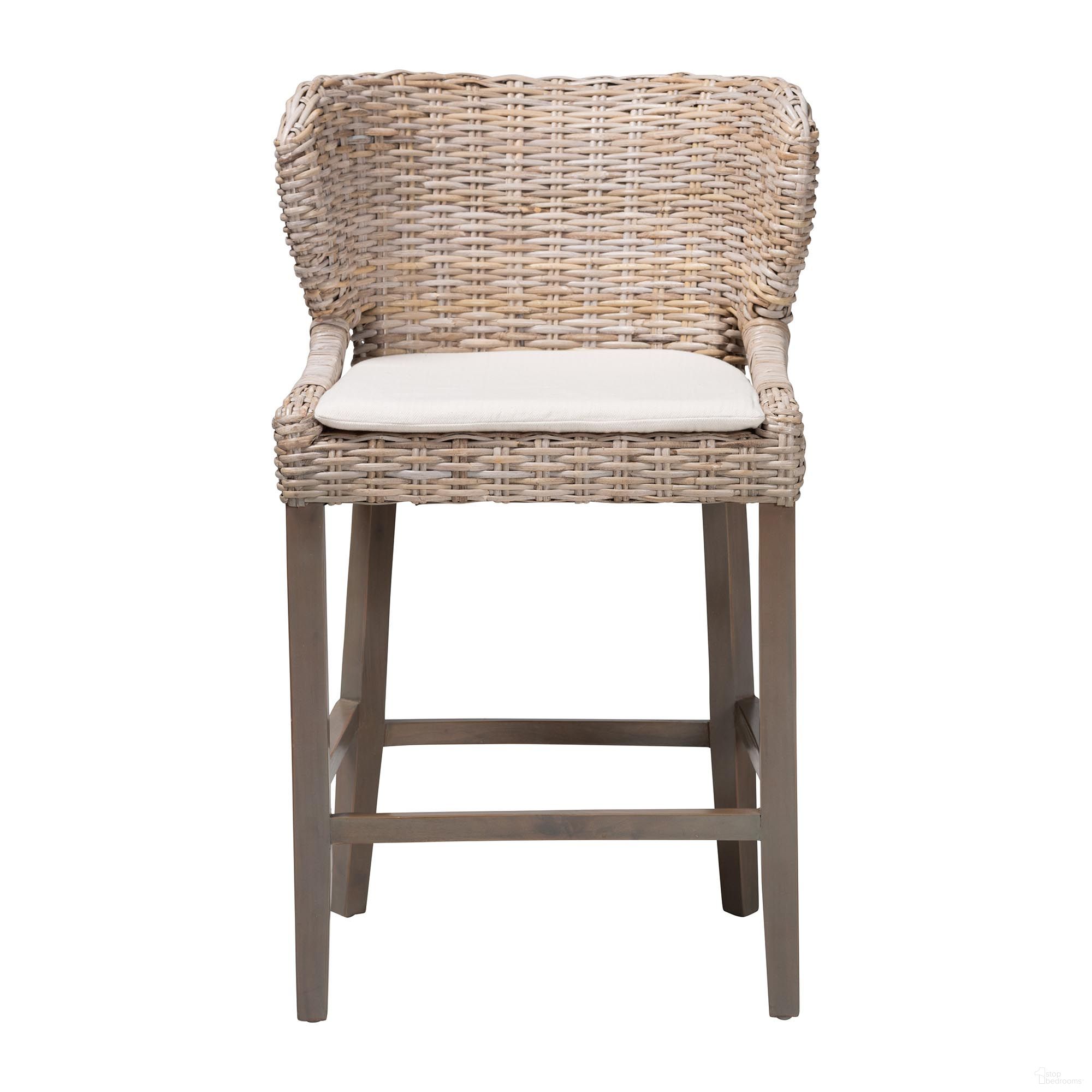 The appearance of Niesha Kubu Rattan Handwoven Wicker Counter Stool with Cushion and Flared Arms Design In Grey and White designed by Baxton Studio in the bohemian interior design. This grey/white piece of furniture was selected by 1StopBedrooms from Niesha Collection to add a touch of cosiness and style into your home. Sku: MD-39928-Luca Grey/NT Rattan-Cushion-CS. Material: Natural Rattan.