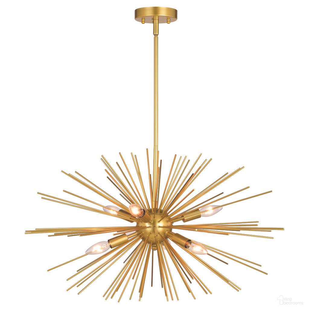 The appearance of Nikko 26 Inch 6 Light Pendant In Gold designed by Vaxcel in the transitional interior design. This gold piece of furniture  was selected by 1StopBedrooms from Nikko Collection to add a touch of cosiness and style into your home. Sku: P0366. Material: Steel.