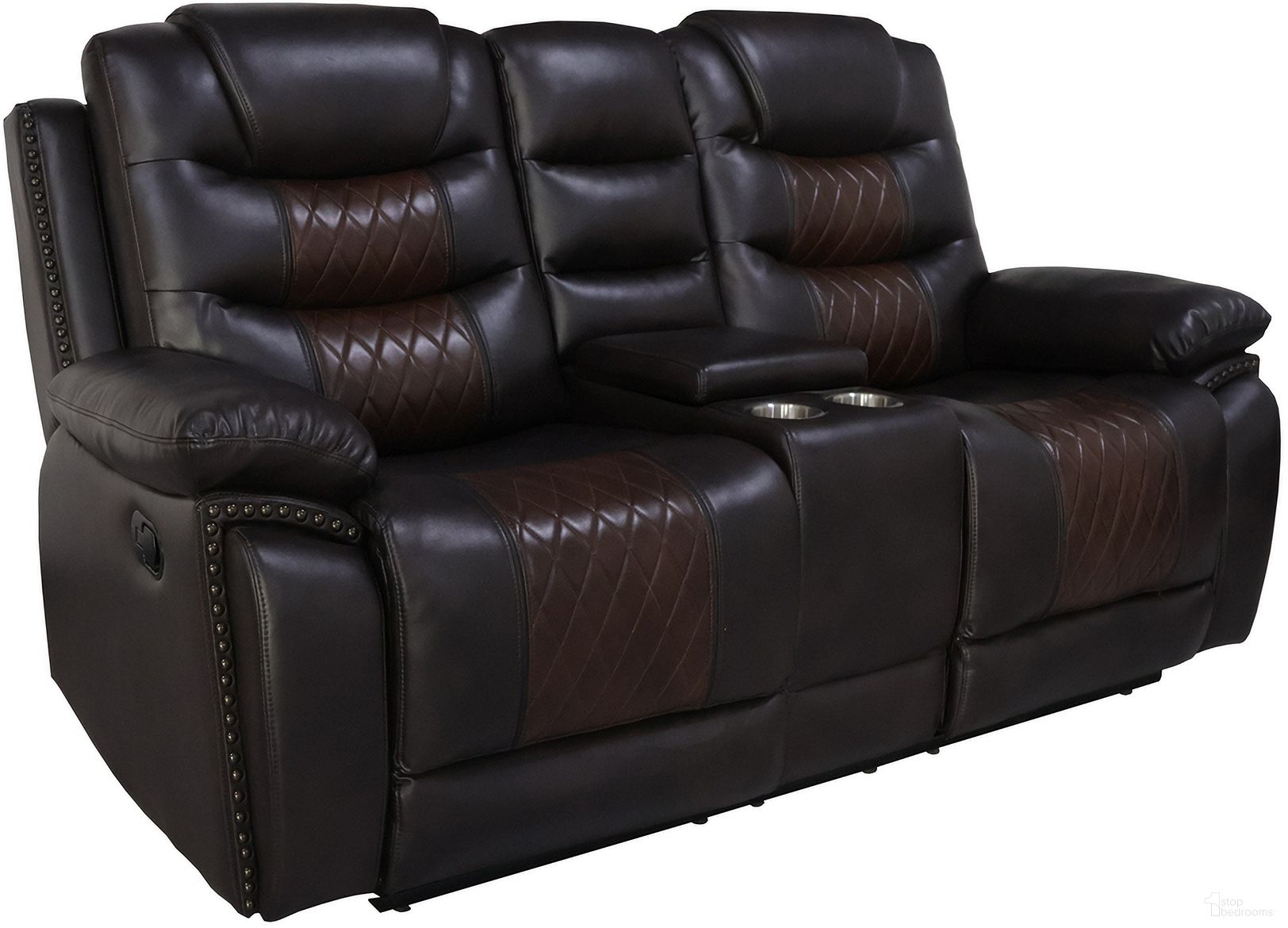 The appearance of Nikko Console Loveseat with Dual Recliners In Brown designed by New Classic in the modern / contemporary interior design. This brown piece of furniture was selected by 1StopBedrooms from Nikko Collection to add a touch of cosiness and style into your home. Sku: U7005-25-BRN. Material: Faux Leather.