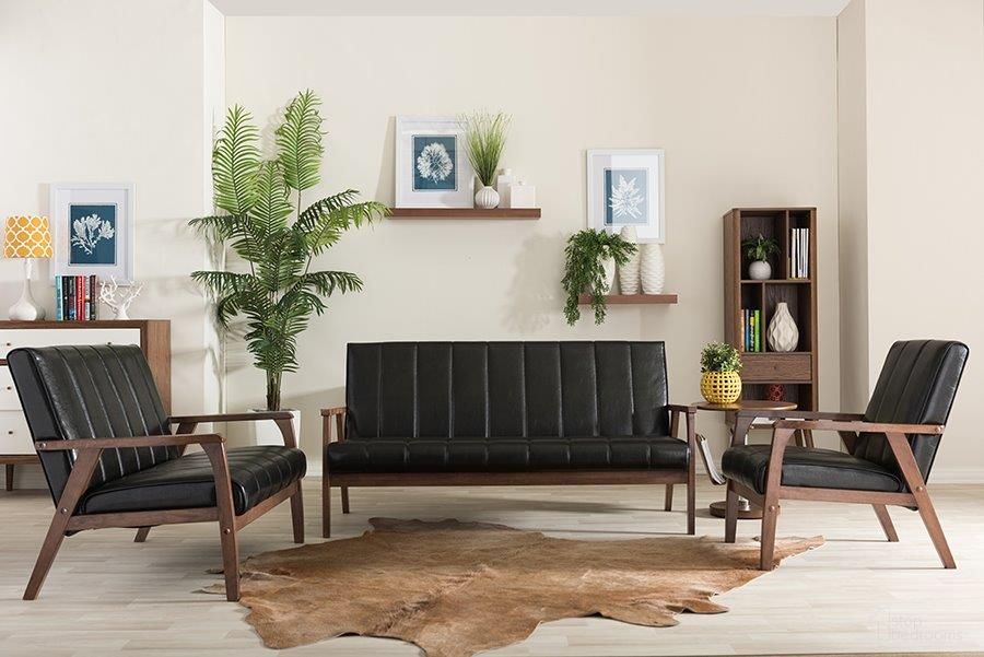 The appearance of Nikko Mid-Century Modern Scandinavian Style Black Faux Leather 3 Pieces Living Room Sets designed by Baxton Studio in the modern / contemporary interior design. This black piece of furniture  was selected by 1StopBedrooms from Nikko Collection to add a touch of cosiness and style into your home. Sku: BBT8011A2-Black 3PC Set. Material: Rubberwood.
