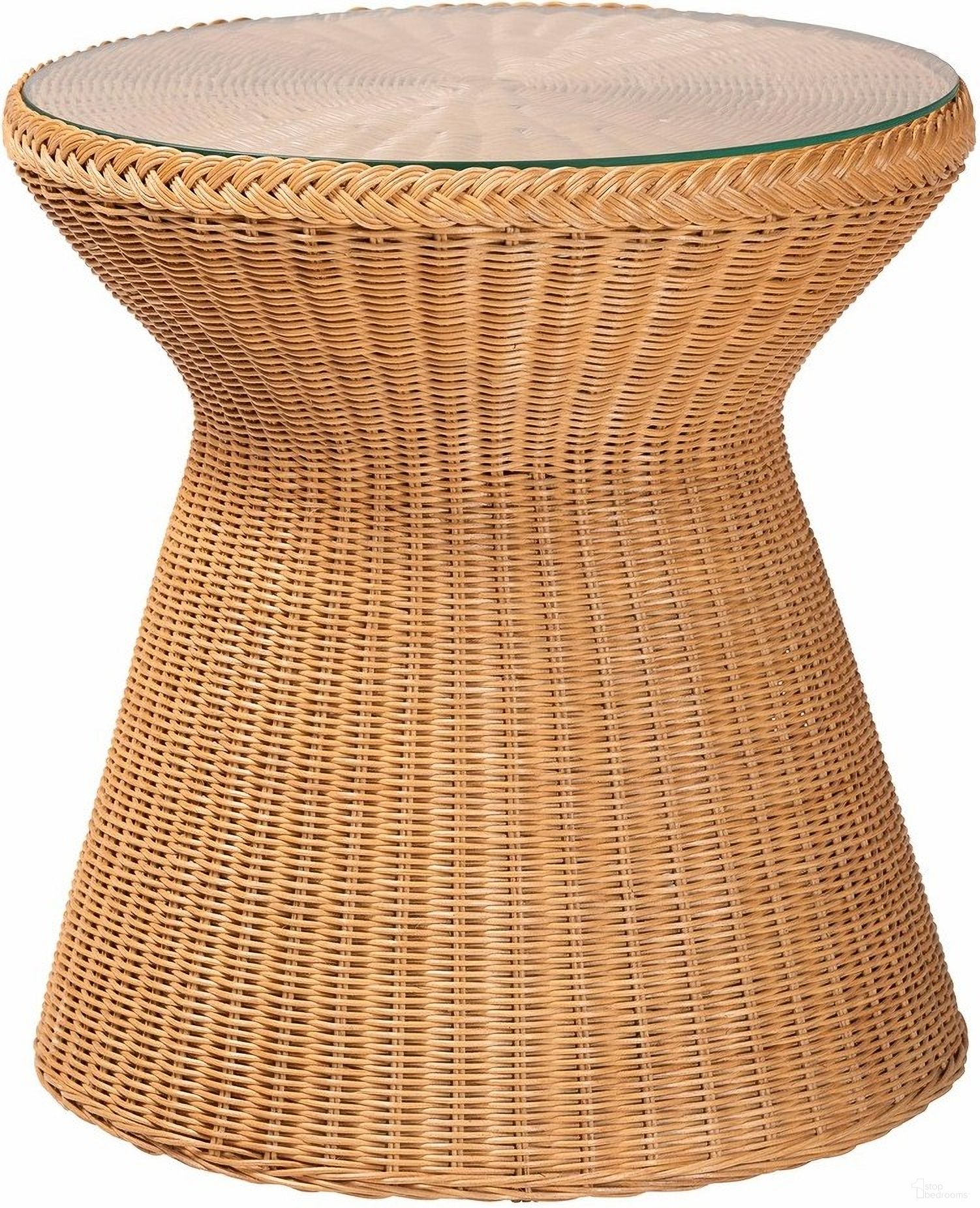 Nina Braided Rattan End Table with Glass Tabletop In Light Honey