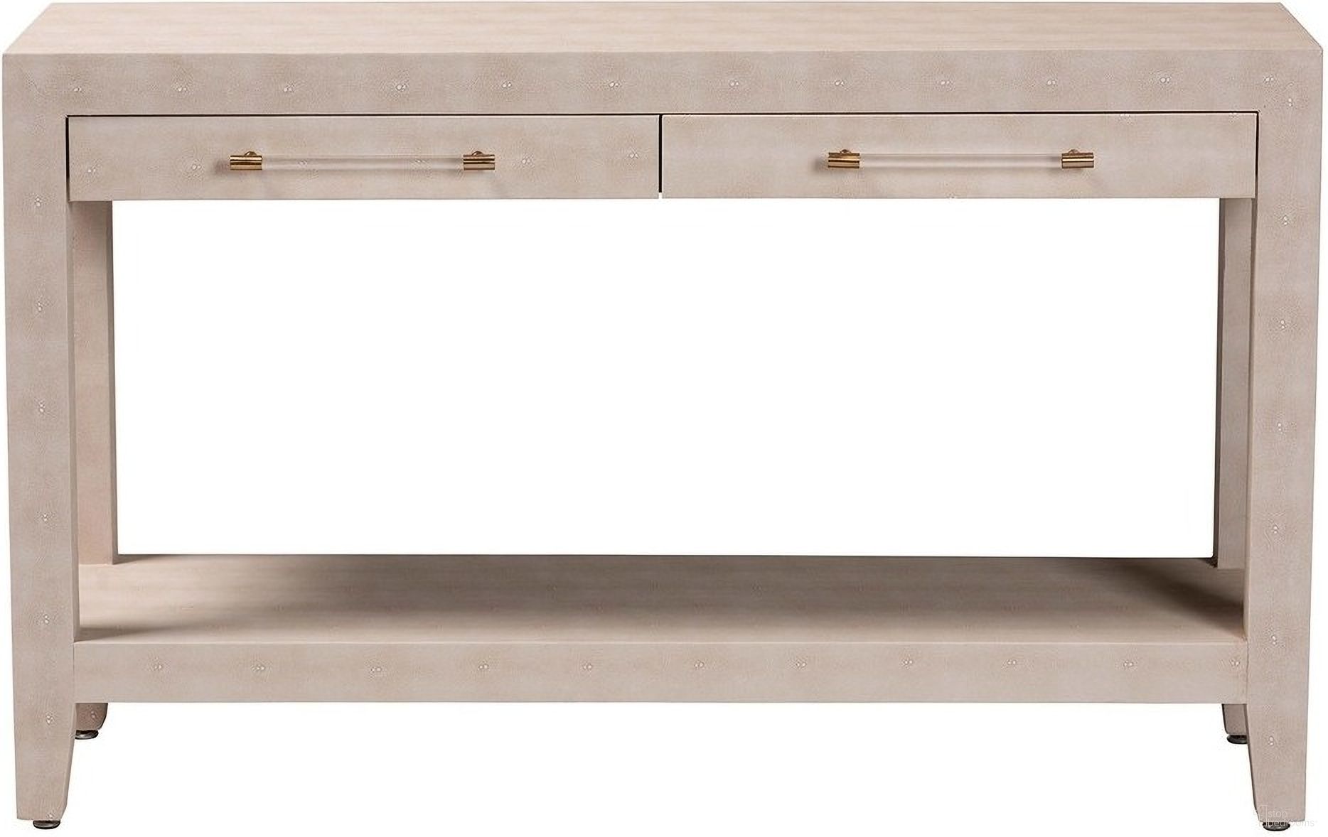 The appearance of Nira Faux Shagreen Console Table In Beige designed by Baxton Studio in the modern / contemporary interior design. This beige piece of furniture was selected by 1StopBedrooms from Nira Collection to add a touch of cosiness and style into your home. Sku: JY24B282-Beige Faux Shagreen-Console Table. Material: MDF.