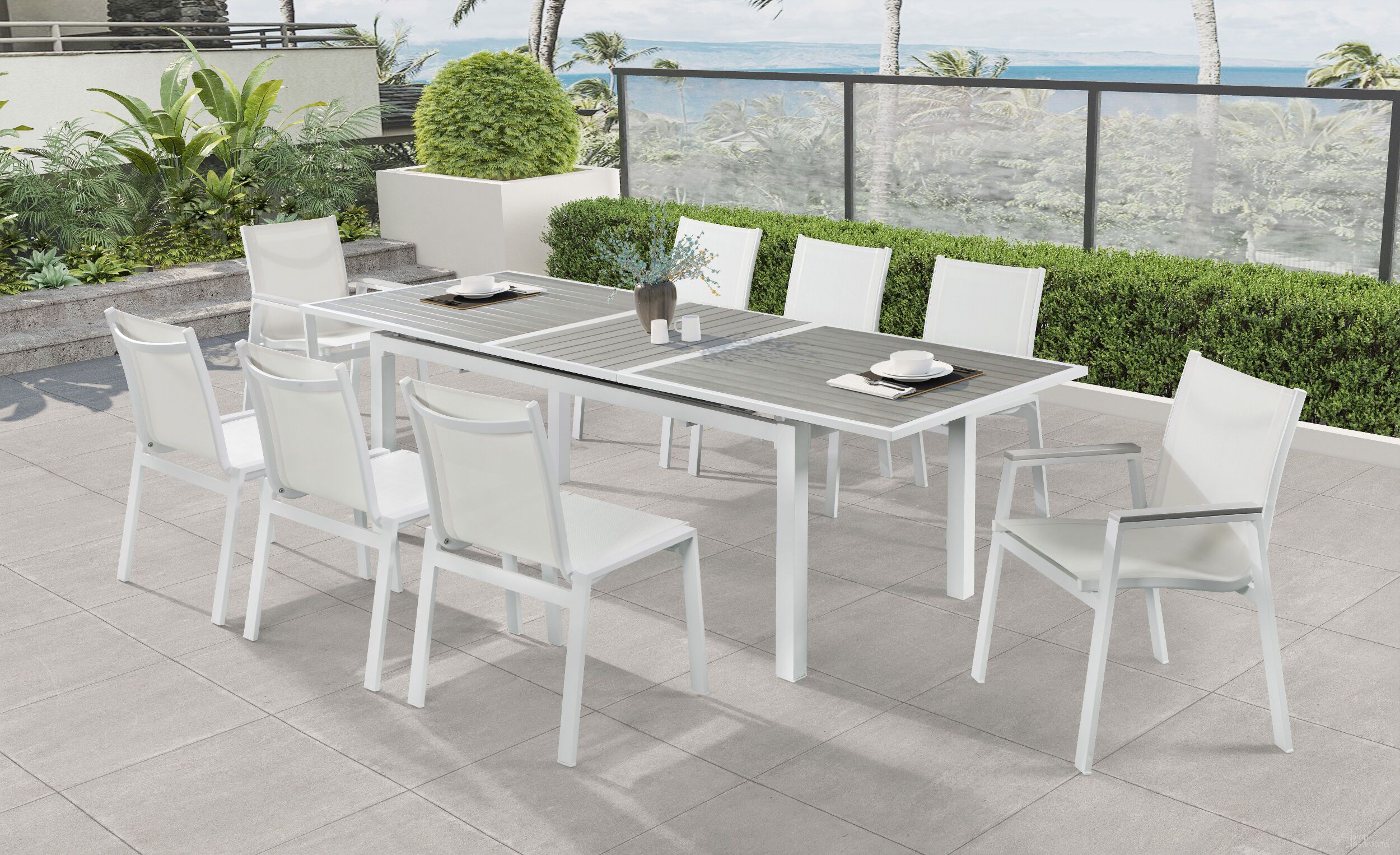 The appearance of Nizuc Grey Outdoor Dining Set designed by Meridian in the modern / contemporary interior design. This gray piece of furniture was selected by 1StopBedrooms from Nizuc Collection to add a touch of cosiness and style into your home. Sku: 366-T;368Grey-C. Table Base Style: Legs. Material: Aluminum. Table Top Shape: Rectangular.