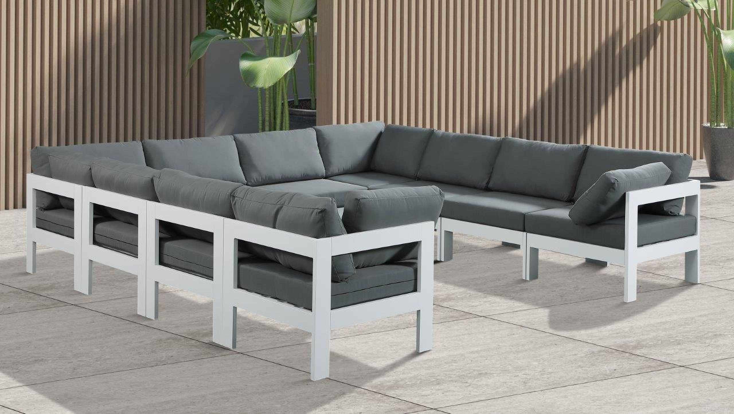 The appearance of Nizuc Water Resistant Fabric Outdoor Patio 10 Piece Modular Sectional In Grey designed by Meridian in the modern / contemporary interior design. This grey piece of furniture was selected by 1StopBedrooms from Nizuc Collection to add a touch of cosiness and style into your home. Sku: 375Grey-Corner;375Grey-Corner;375Grey-Corner;375Grey-Corner;375Grey-Armless;375Grey-Armless;375Grey-Armless;375Grey-Armless;375Grey-Armless;375Grey-Armless. Material: Aluminum.