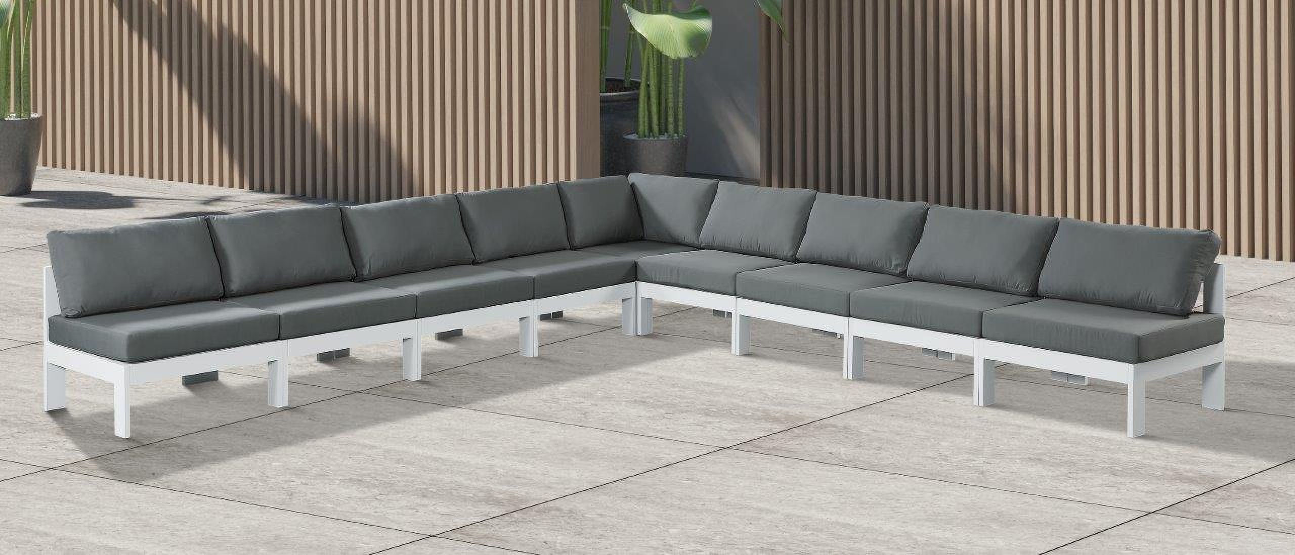 The appearance of Nizuc Water Resistant Fabric Outdoor Patio 9 Piece Modular Sectional In Grey designed by Meridian in the modern / contemporary interior design. This grey piece of furniture was selected by 1StopBedrooms from Nizuc Collection to add a touch of cosiness and style into your home. Sku: 375Grey-Corner;375Grey-Armless;375Grey-Armless;375Grey-Armless;375Grey-Armless;375Grey-Armless;375Grey-Armless;375Grey-Armless;375Grey-Armless. Material: Aluminum.