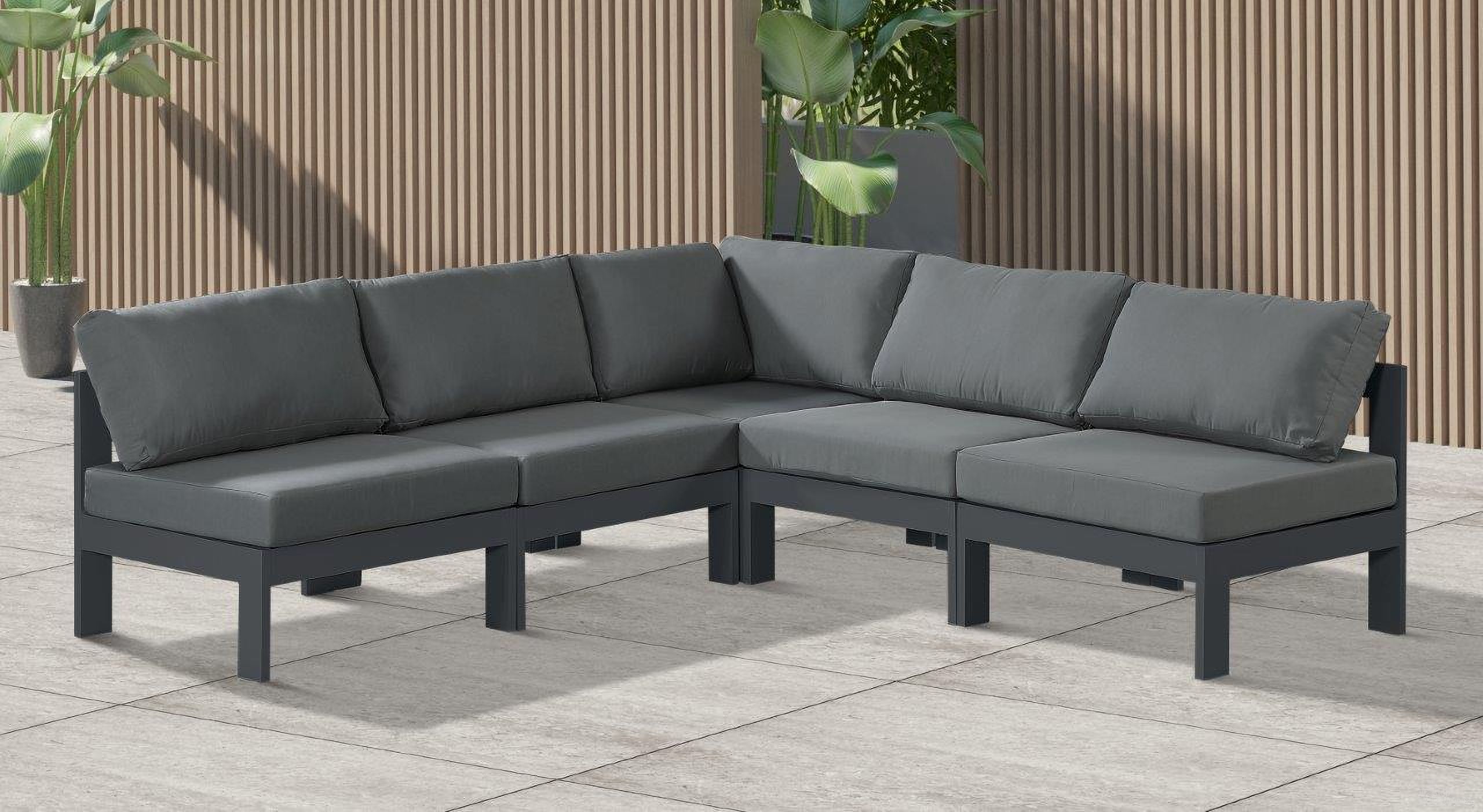 The appearance of Nizuc Water Resistant Fabric Outdoor Patio 5 Piece Modular Sectional In Grey designed by Meridian in the modern / contemporary interior design. This grey piece of furniture  was selected by 1StopBedrooms from Nizuc Collection to add a touch of cosiness and style into your home. Sku: 376Grey-Corner;376Grey-Armless;376Grey-Armless;376Grey-Armless;376Grey-Armless. Material: Aluminum.