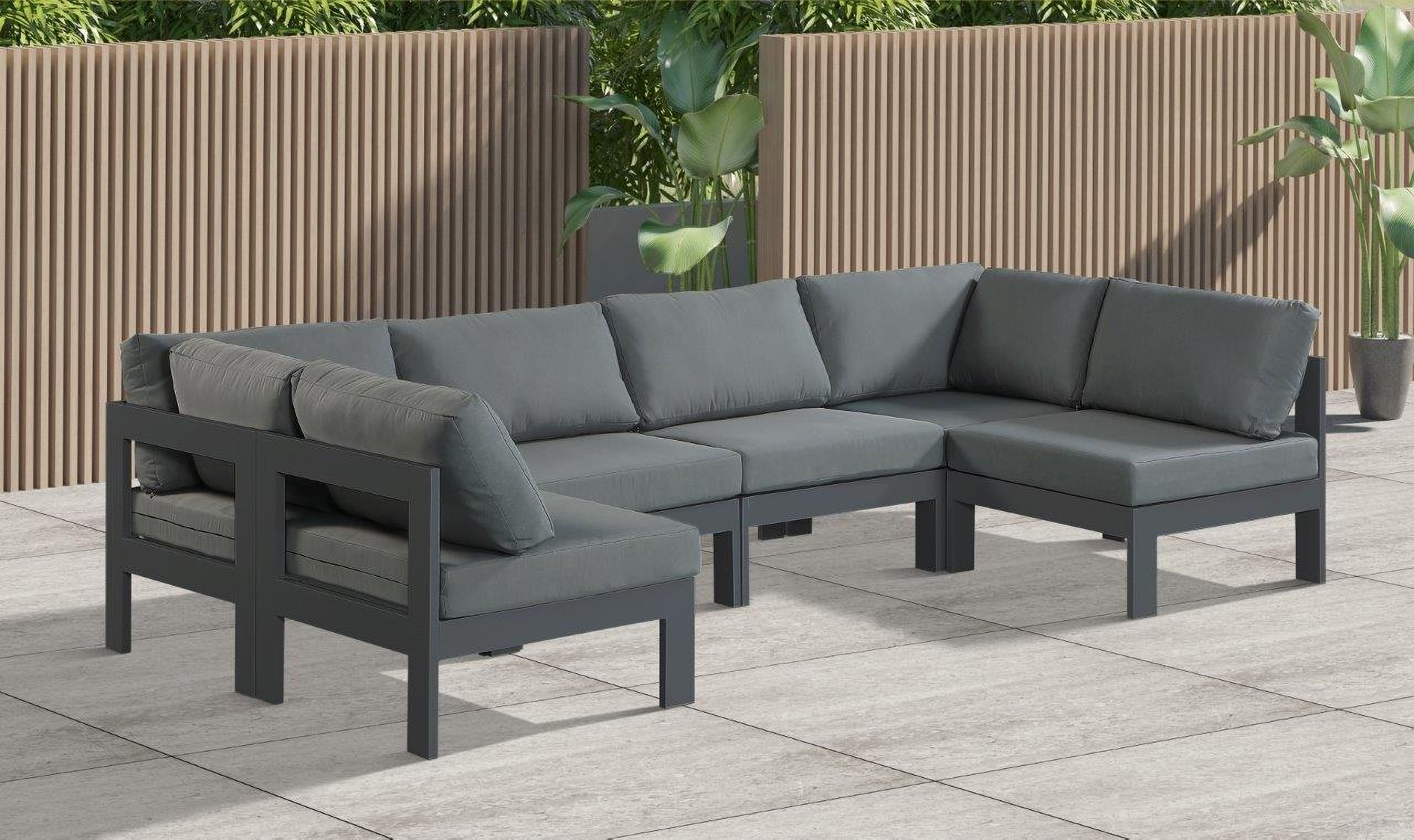 The appearance of Nizuc Water Resistant Fabric Outdoor Patio 6 Piece Modular Sectional In Grey designed by Meridian in the modern / contemporary interior design. This grey piece of furniture was selected by 1StopBedrooms from Nizuc Collection to add a touch of cosiness and style into your home. Sku: 376Grey-Corner;376Grey-Corner;376Grey-Armless;376Grey-Armless;376Grey-Armless;376Grey-Armless. Material: Aluminum.