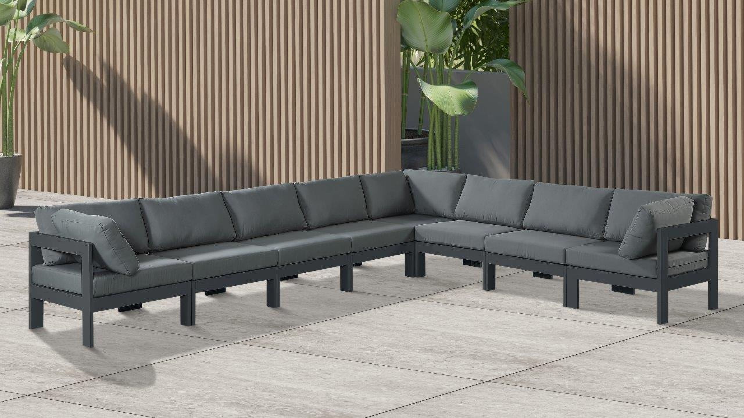 The appearance of Nizuc Water Resistant Fabric Outdoor Patio 8 Piece Modular Sectional In Grey designed by Meridian in the modern / contemporary interior design. This grey piece of furniture  was selected by 1StopBedrooms from Nizuc Collection to add a touch of cosiness and style into your home. Sku: 376Grey-Corner;376Grey-Corner;376Grey-Corner;376Grey-Armless;376Grey-Armless;376Grey-Armless;376Grey-Armless;376Grey-Armless. Material: Aluminum.