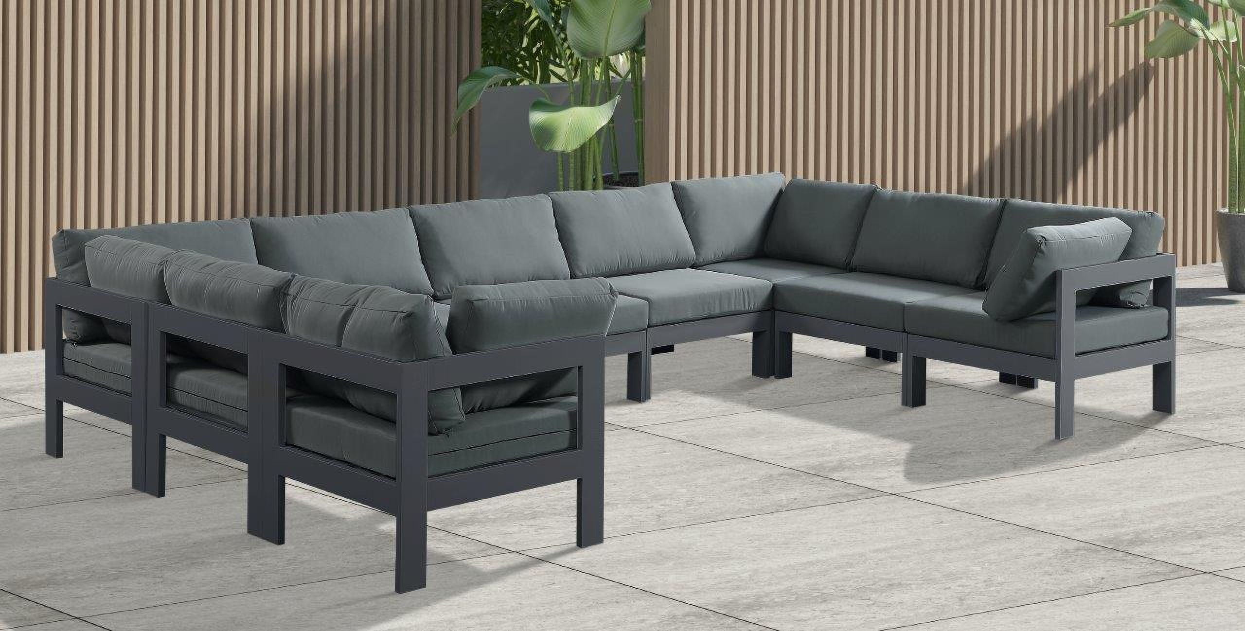 The appearance of Nizuc Water Resistant Fabric Outdoor Patio 9 Piece Modular Sectional In Grey designed by Meridian in the modern / contemporary interior design. This grey piece of furniture was selected by 1StopBedrooms from Nizuc Collection to add a touch of cosiness and style into your home. Sku: 376Grey-Corner;376Grey-Corner;376Grey-Corner;376Grey-Corner;376Grey-Armless;376Grey-Armless;376Grey-Armless;376Grey-Armless;376Grey-Armless. Material: Aluminum.