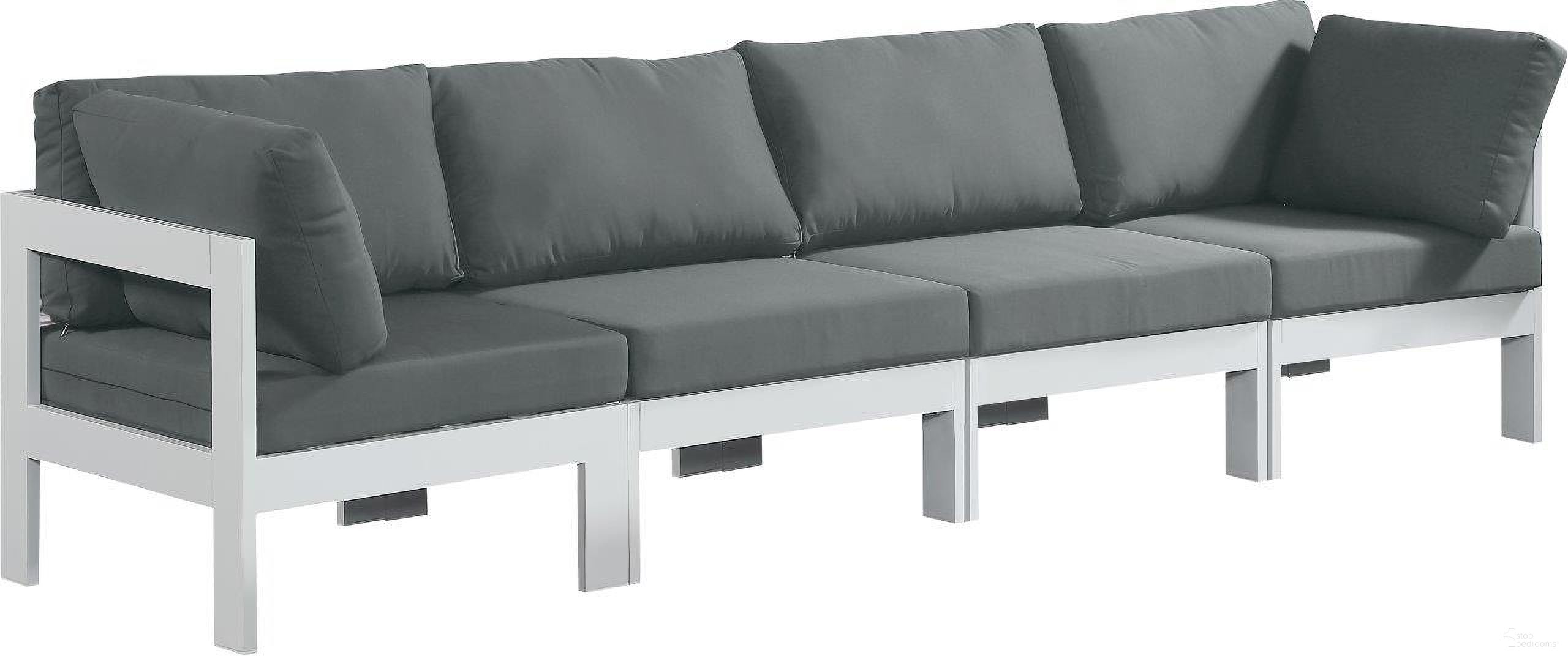 The appearance of Nizuc Water Resistant Fabric Outdoor Patio 4 Piece Modular Sofa In Grey designed by Meridian in the modern / contemporary interior design. This grey piece of furniture was selected by 1StopBedrooms from Nizuc Collection to add a touch of cosiness and style into your home. Sku: 375Grey-Corner;375Grey-Corner;375Grey-Armless;375Grey-Armless. Material: Aluminum.
