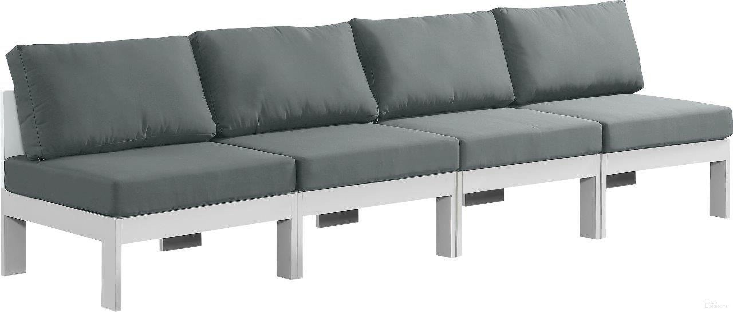 The appearance of Nizuc Water Resistant Fabric Outdoor Patio 4 Piece Modular Sofa In Grey designed by Meridian in the modern / contemporary interior design. This grey piece of furniture was selected by 1StopBedrooms from Nizuc Collection to add a touch of cosiness and style into your home. Sku: 375Grey-Armless;375Grey-Armless;375Grey-Armless;375Grey-Armless. Material: Aluminum.
