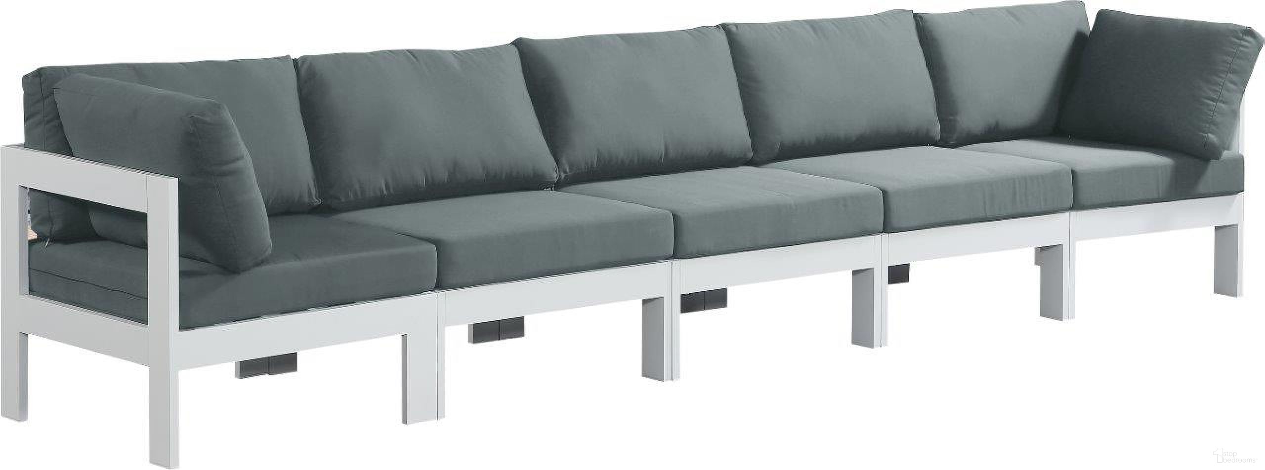 The appearance of Nizuc Water Resistant Fabric Outdoor Patio 5 Piece Modular Sofa In Grey designed by Meridian in the modern / contemporary interior design. This grey piece of furniture was selected by 1StopBedrooms from Nizuc Collection to add a touch of cosiness and style into your home. Sku: 375Grey-Corner;375Grey-Corner;375Grey-Armless;375Grey-Armless;375Grey-Armless. Material: Aluminum.