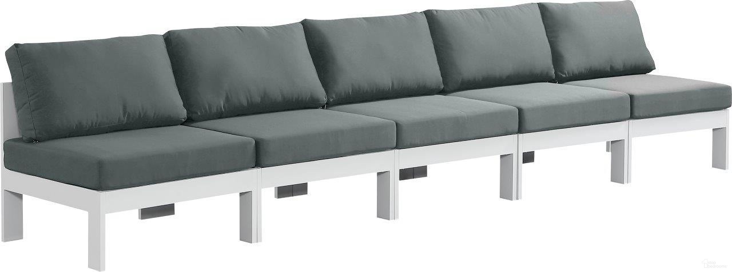 The appearance of Nizuc Water Resistant Fabric Outdoor Patio 5 Piece Modular Sofa In Grey designed by Meridian in the modern / contemporary interior design. This grey piece of furniture was selected by 1StopBedrooms from Nizuc Collection to add a touch of cosiness and style into your home. Sku: 375Grey-Armless;375Grey-Armless;375Grey-Armless;375Grey-Armless;375Grey-Armless. Material: Aluminum.