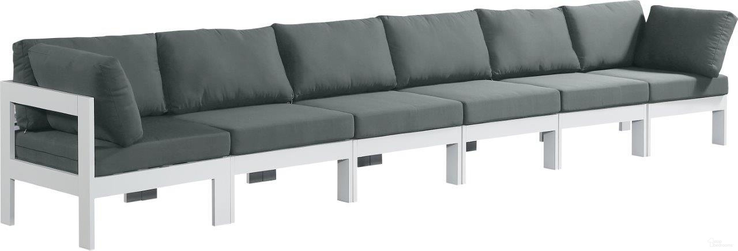 The appearance of Nizuc Water Resistant Fabric Outdoor Patio 6 Piece Modular Sofa In Grey designed by Meridian in the modern / contemporary interior design. This grey piece of furniture was selected by 1StopBedrooms from Nizuc Collection to add a touch of cosiness and style into your home. Sku: 375Grey-Corner;375Grey-Corner;375Grey-Armless;375Grey-Armless;375Grey-Armless;375Grey-Armless. Material: Aluminum.