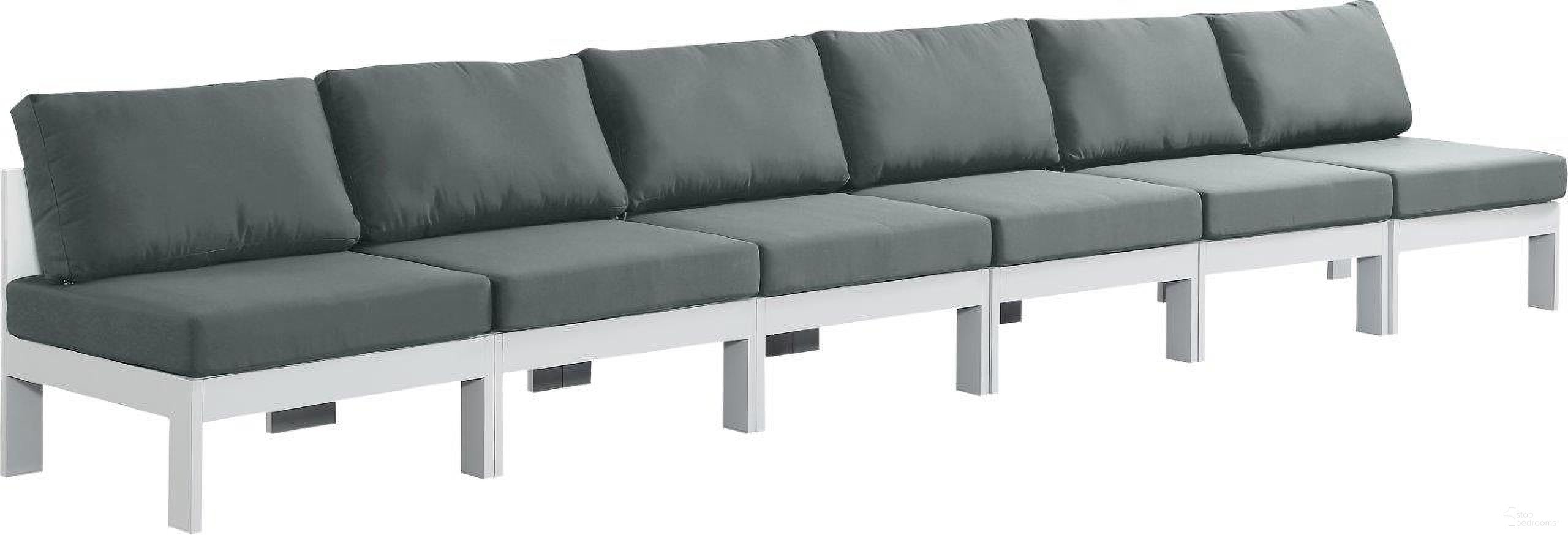 The appearance of Nizuc Water Resistant Fabric Outdoor Patio 6 Piece Modular Sofa In Grey designed by Meridian in the modern / contemporary interior design. This grey piece of furniture was selected by 1StopBedrooms from Nizuc Collection to add a touch of cosiness and style into your home. Sku: 375Grey-Armless;375Grey-Armless;375Grey-Armless;375Grey-Armless;375Grey-Armless;375Grey-Armless. Material: Aluminum.