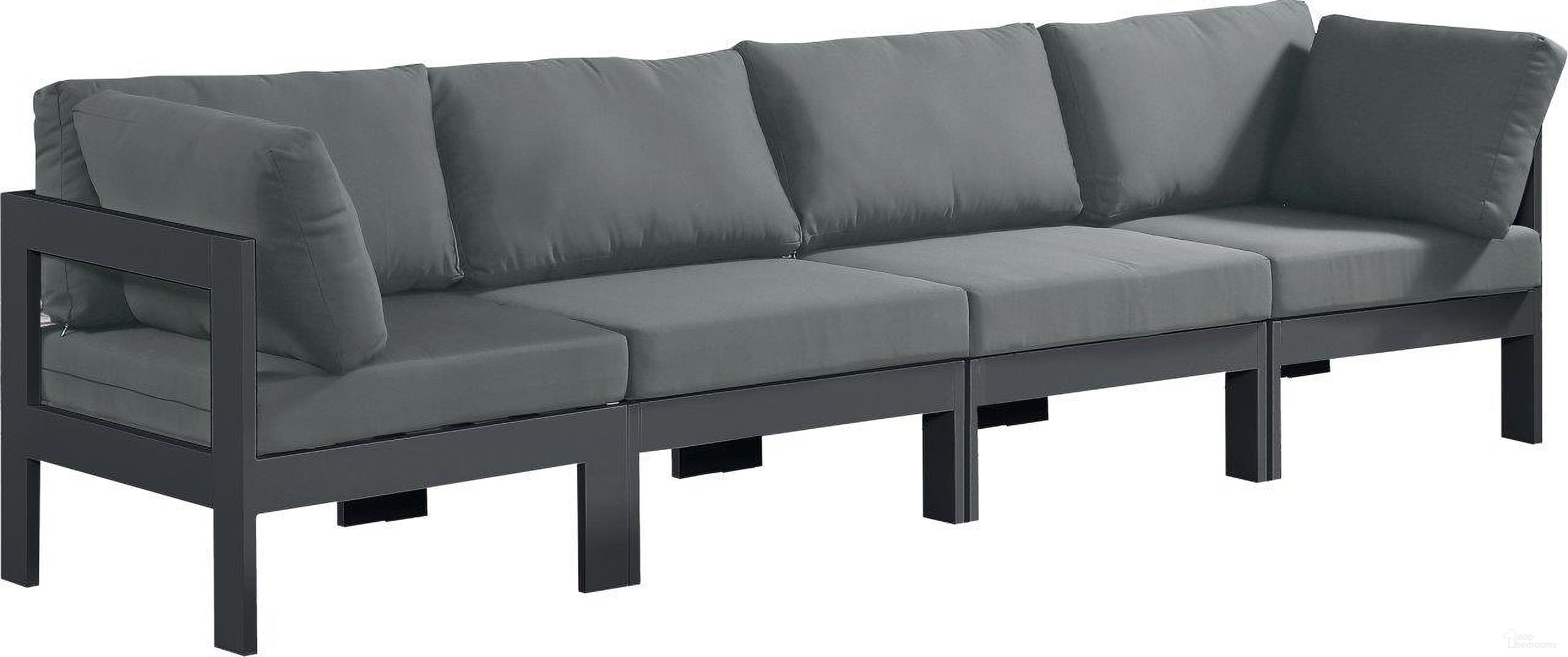 The appearance of Nizuc Water Resistant Fabric Outdoor Patio 4 Piece Modular Sofa In Grey designed by Meridian in the modern / contemporary interior design. This grey piece of furniture was selected by 1StopBedrooms from Nizuc Collection to add a touch of cosiness and style into your home. Sku: 376Grey-Corner;376Grey-Corner;376Grey-Armless;376Grey-Armless. Material: Aluminum.