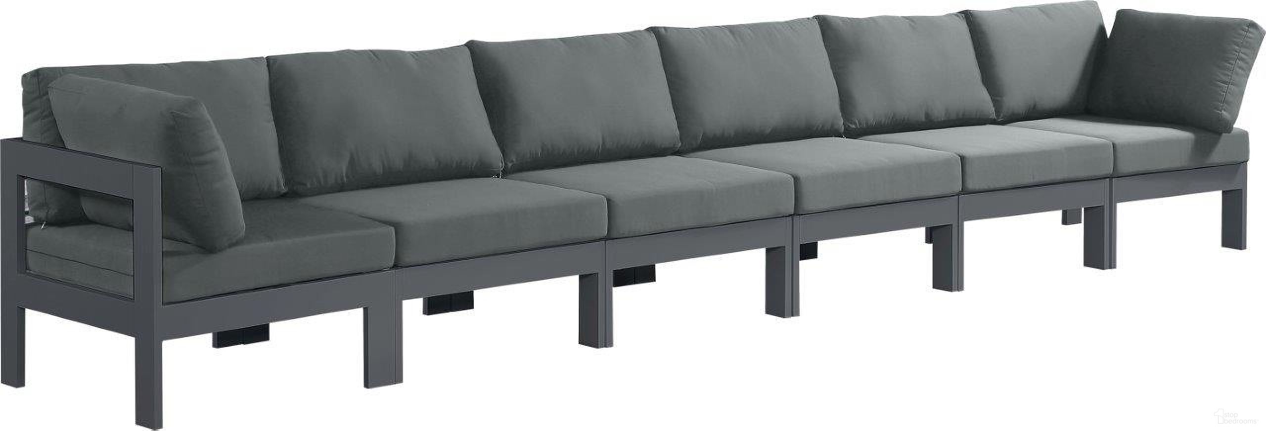 The appearance of Nizuc Water Resistant Fabric Outdoor Patio 6 Piece Modular Sofa In Grey designed by Meridian in the modern / contemporary interior design. This grey piece of furniture was selected by 1StopBedrooms from Nizuc Collection to add a touch of cosiness and style into your home. Sku: 376Grey-Corner;376Grey-Corner;376Grey-Armless;376Grey-Armless;376Grey-Armless;376Grey-Armless. Material: Aluminum.