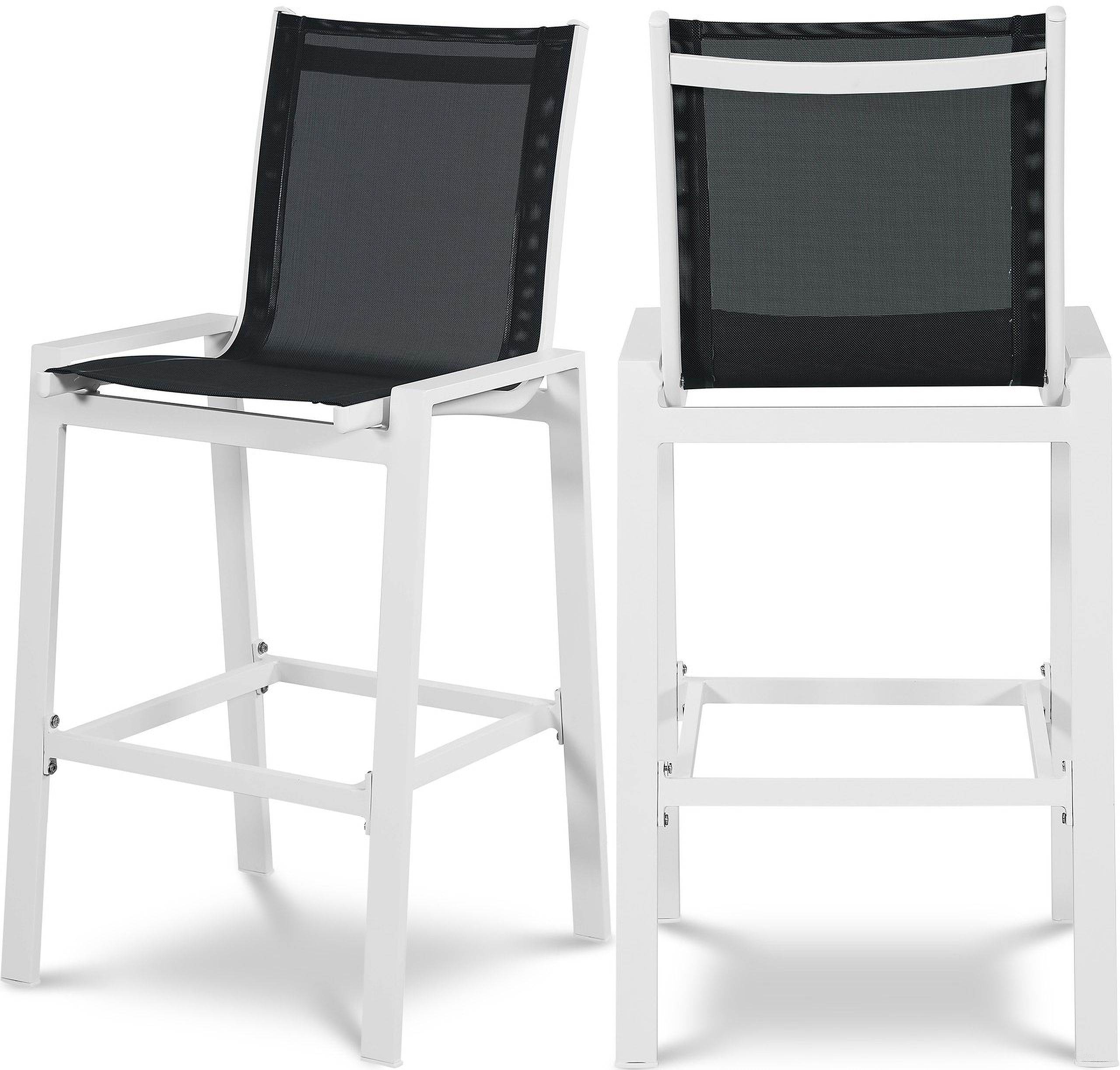 The appearance of Nizuc Water Resistant Fabric Outdoor Patio Aluminum Mesh Barstool Set of 2 In Black And White designed by Meridian in the modern / contemporary interior design. This black piece of furniture  was selected by 1StopBedrooms from Nizuc Collection to add a touch of cosiness and style into your home. Sku: 386Black-C. Material: Aluminum.
