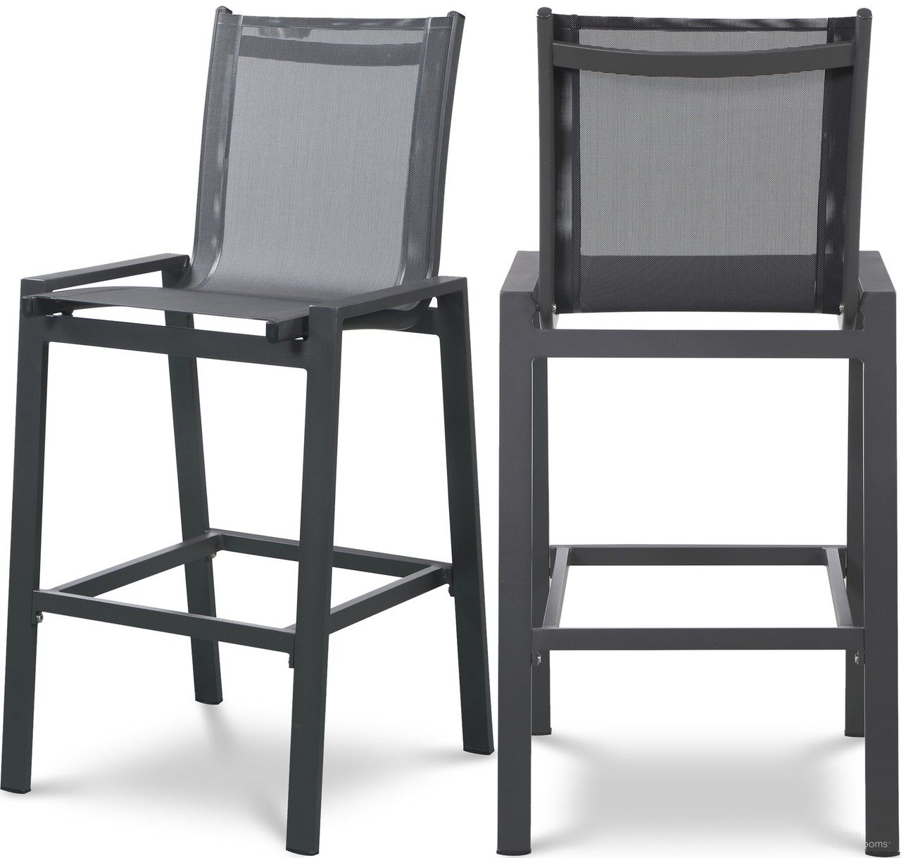 The appearance of Nizuc Water Resistant Fabric Outdoor Patio Aluminum Mesh Barstool Set of 2 In Black designed by Meridian in the modern / contemporary interior design. This black piece of furniture  was selected by 1StopBedrooms from Nizuc Collection to add a touch of cosiness and style into your home. Sku: 387Black-C. Material: Aluminum.