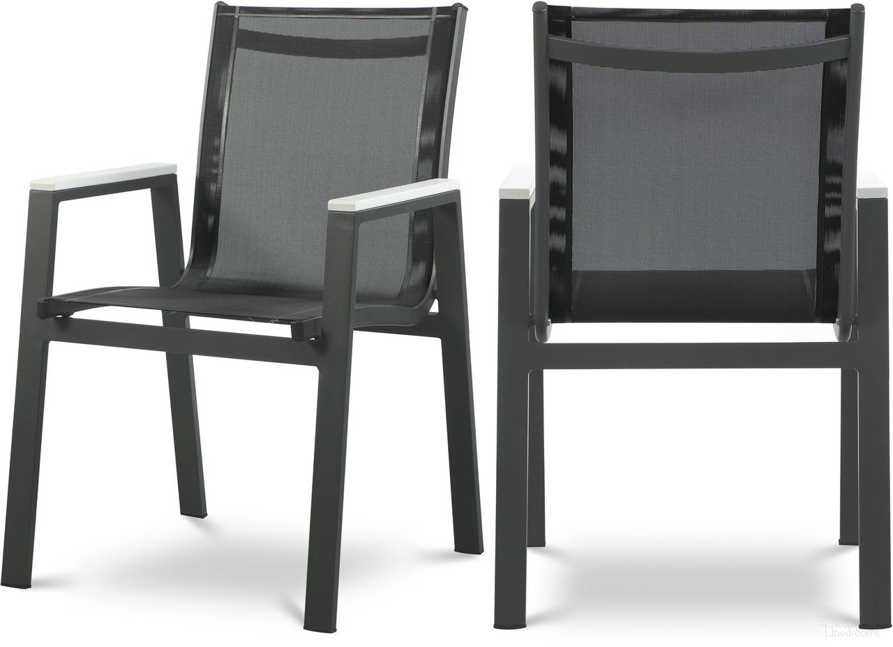 The appearance of Nizuc Water Resistant Fabric Outdoor Patio Aluminum Mesh Dining Arm Chair Set of 2 In Black/Grey designed by Meridian in the modern / contemporary interior design. This black piece of furniture was selected by 1StopBedrooms from Nizuc Collection to add a touch of cosiness and style into your home. Sku: 367Black-AC. Material: Aluminum.