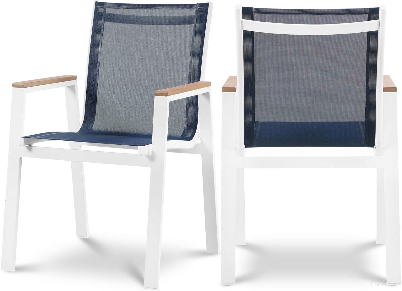 The appearance of Nizuc Water Resistant Fabric Outdoor Patio Aluminum Mesh Dining Arm Chair Set of 2 In Navy and White designed by Meridian in the modern / contemporary interior design. This navy piece of furniture was selected by 1StopBedrooms from Nizuc Collection to add a touch of cosiness and style into your home. Sku: 365Navy-AC. Material: Aluminum.