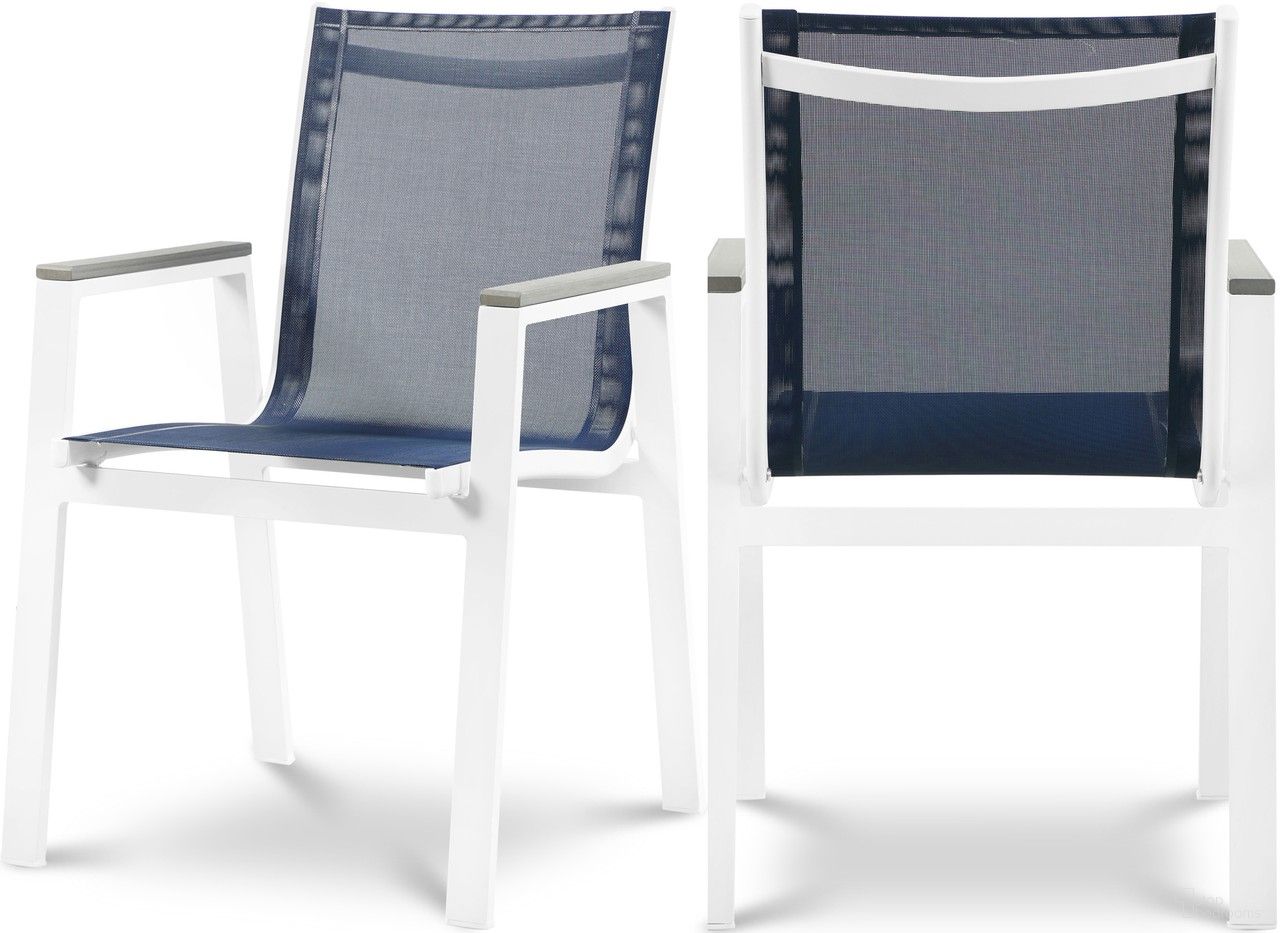 Nizuc Water Resistant Fabric Outdoor Patio Aluminum Mesh Dining Arm Chair Set of 2 In Navy