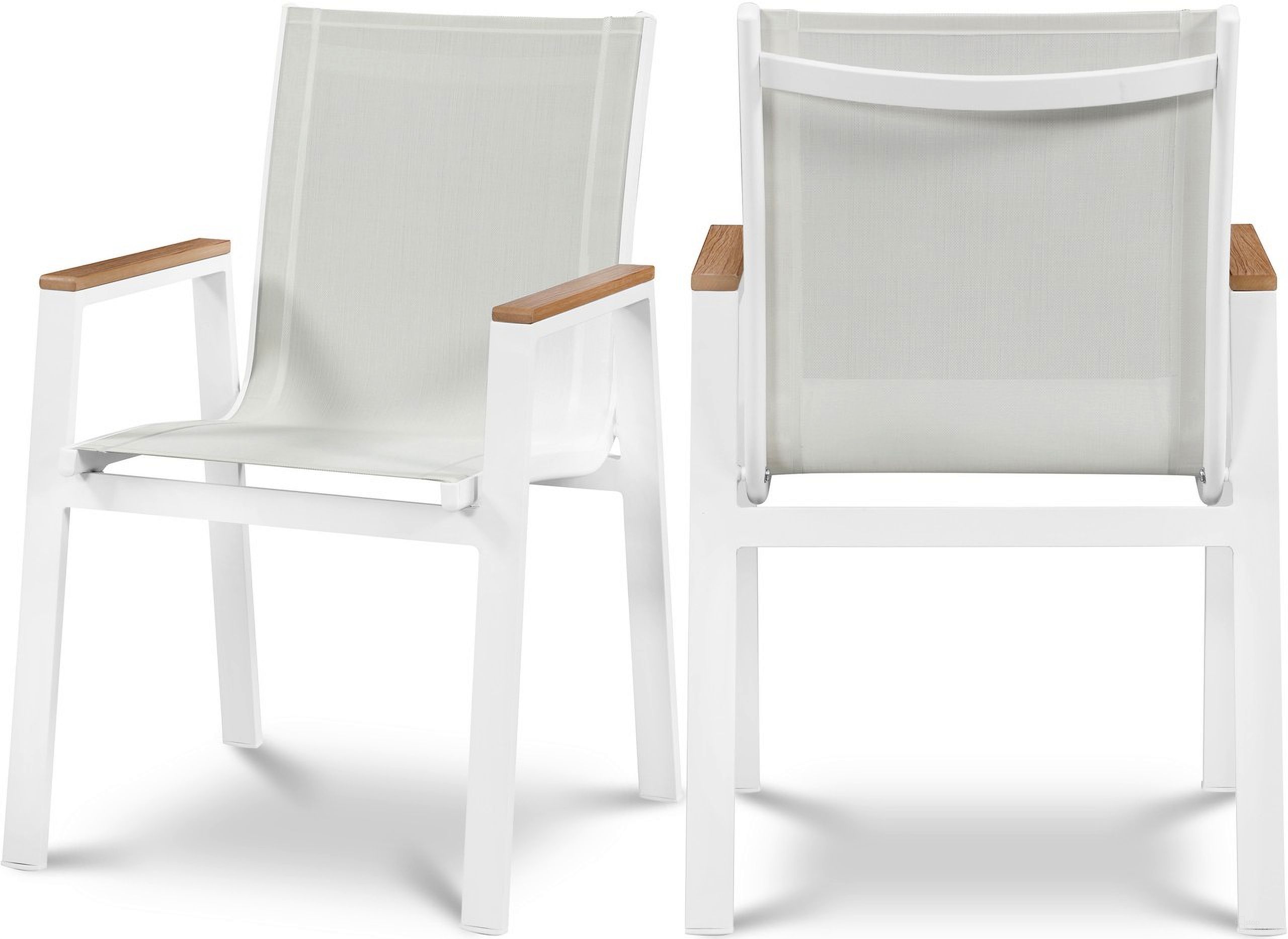The appearance of Nizuc Water Resistant Fabric Outdoor Patio Aluminum Mesh Dining Arm Chair Set of 2 In White/Brown designed by Meridian in the modern / contemporary interior design. This white piece of furniture was selected by 1StopBedrooms from Nizuc Collection to add a touch of cosiness and style into your home. Sku: 365White-AC. Material: Aluminum.