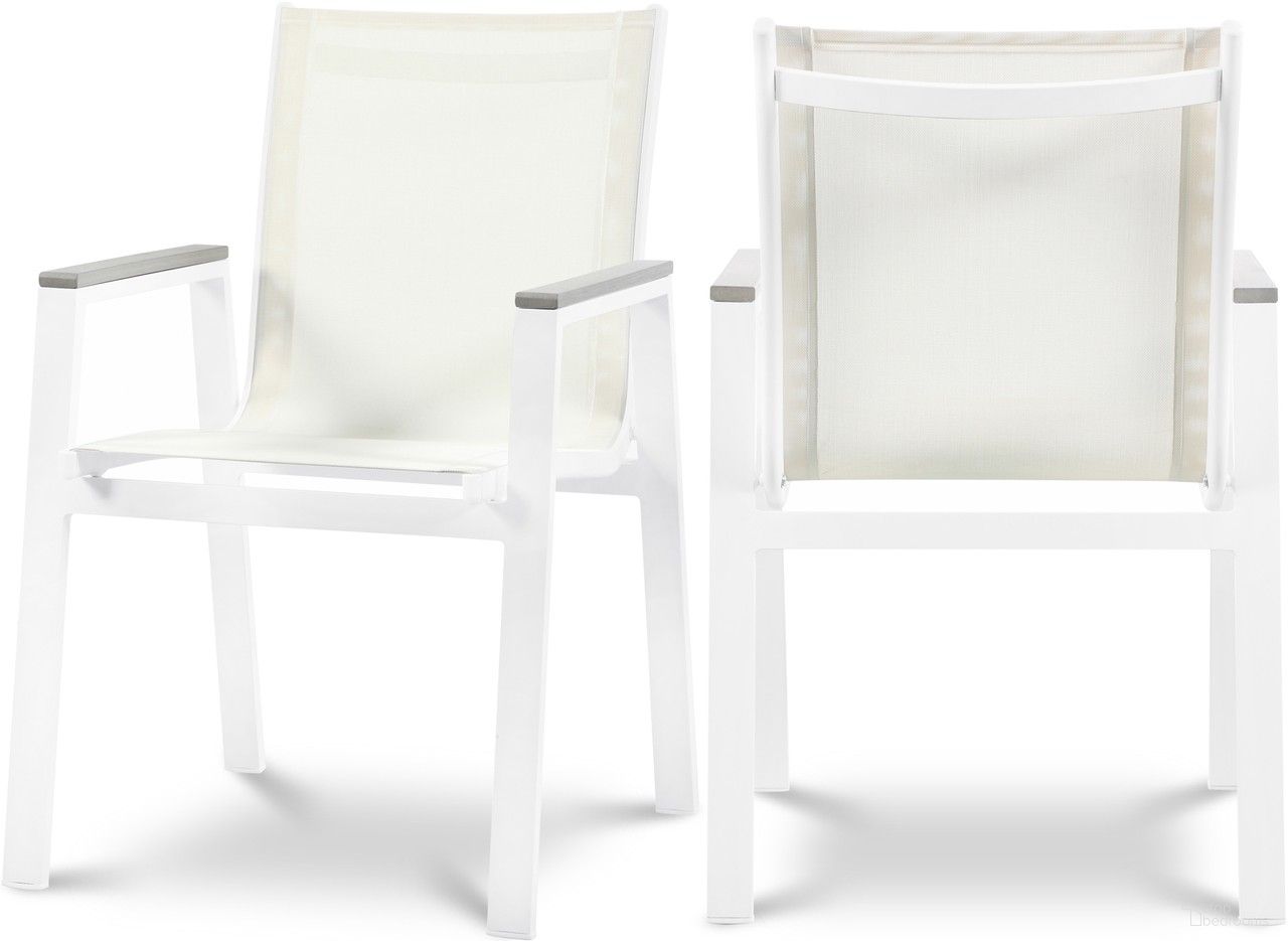 The appearance of Nizuc Water Resistant Fabric Outdoor Patio Aluminum Mesh Dining Arm Chair Set of 2 In White/Grey designed by Meridian in the modern / contemporary interior design. This white piece of furniture was selected by 1StopBedrooms from Nizuc Collection to add a touch of cosiness and style into your home. Sku: 366White-AC. Material: Aluminum.