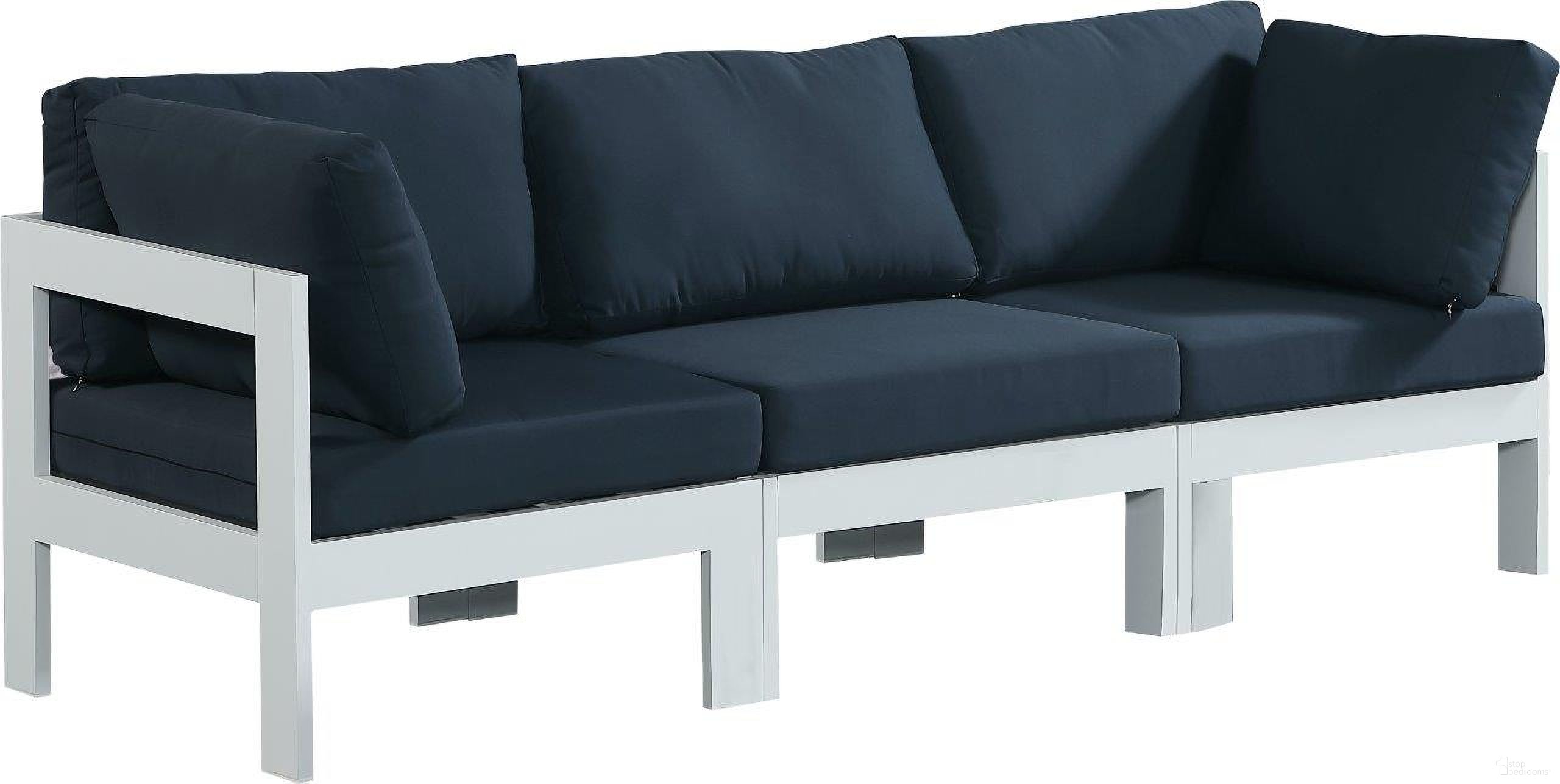 The appearance of Nizuc Water Resistant Fabric Outdoor Patio 3 Piece Modular Sofa In Navy designed by Meridian in the modern / contemporary interior design. This navy piece of furniture  was selected by 1StopBedrooms from Nizuc Collection to add a touch of cosiness and style into your home. Sku: 375Navy-Corner;375Navy-Corner;375Navy-Armless. Material: Aluminum.
