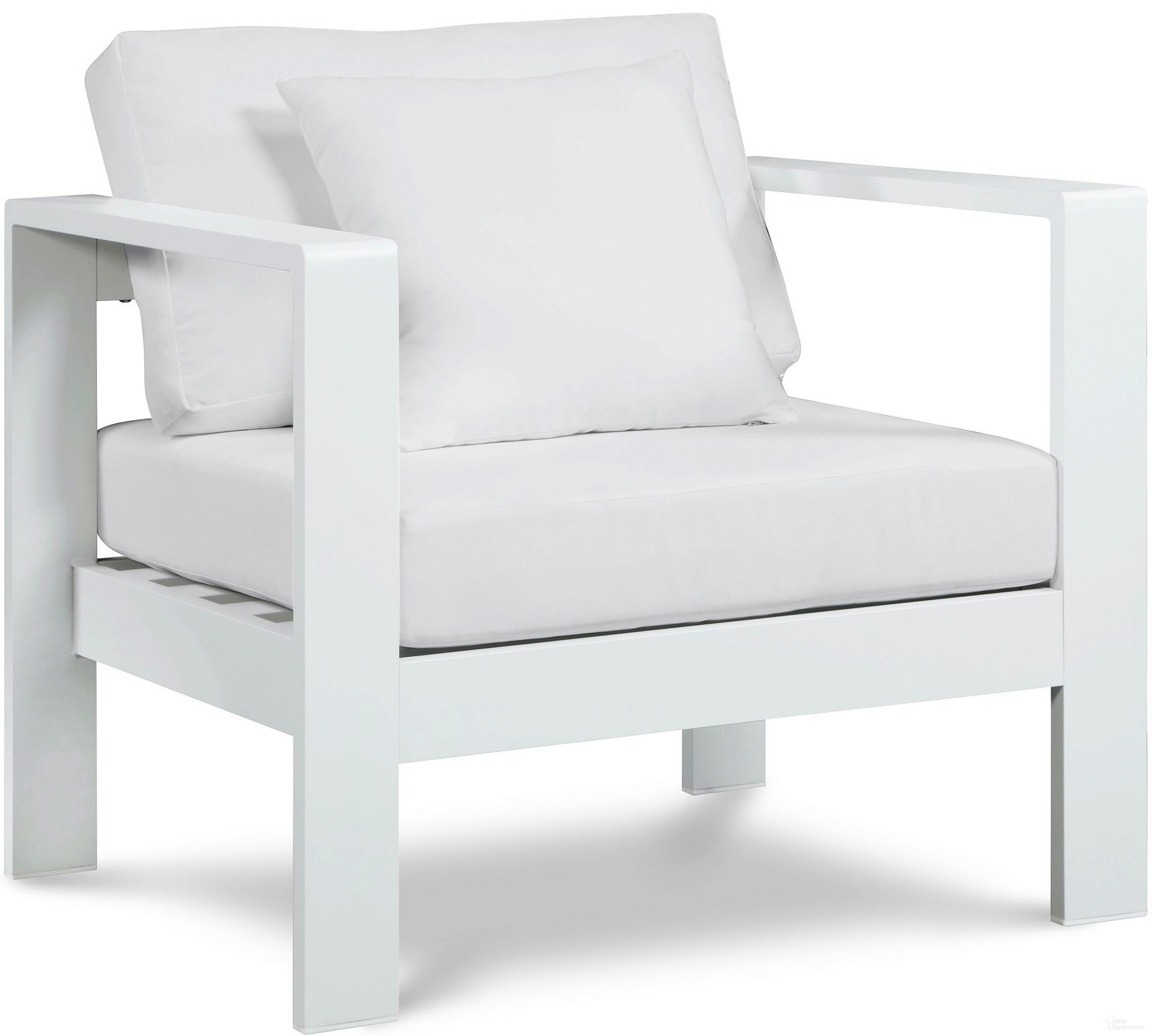 The appearance of Nizuc Water Resistant Fabric Outdoor Patio Aluminum Arm Chair In White designed by Meridian in the modern / contemporary interior design. This white piece of furniture  was selected by 1StopBedrooms from Nizuc Collection to add a touch of cosiness and style into your home. Sku: 375White-Chair. Material: Aluminum.