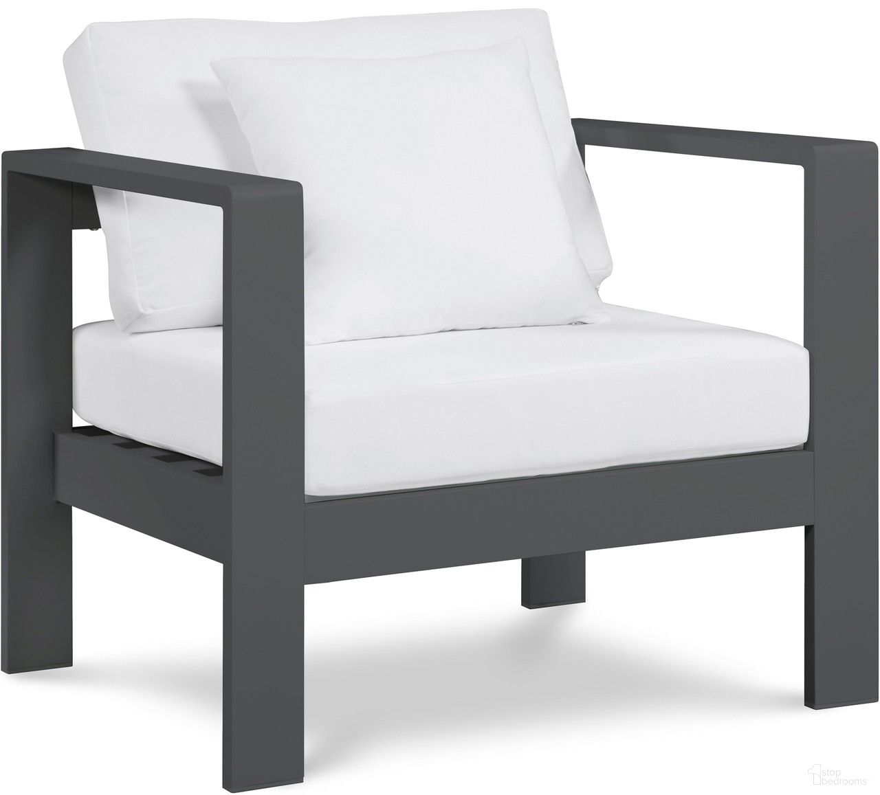 The appearance of Nizuc Water Resistant Fabric Outdoor Patio Aluminum Arm Chair In White/Dark Grey designed by Meridian in the modern / contemporary interior design. This white piece of furniture  was selected by 1StopBedrooms from Nizuc Collection to add a touch of cosiness and style into your home. Sku: 376White-Chair. Material: Aluminum.