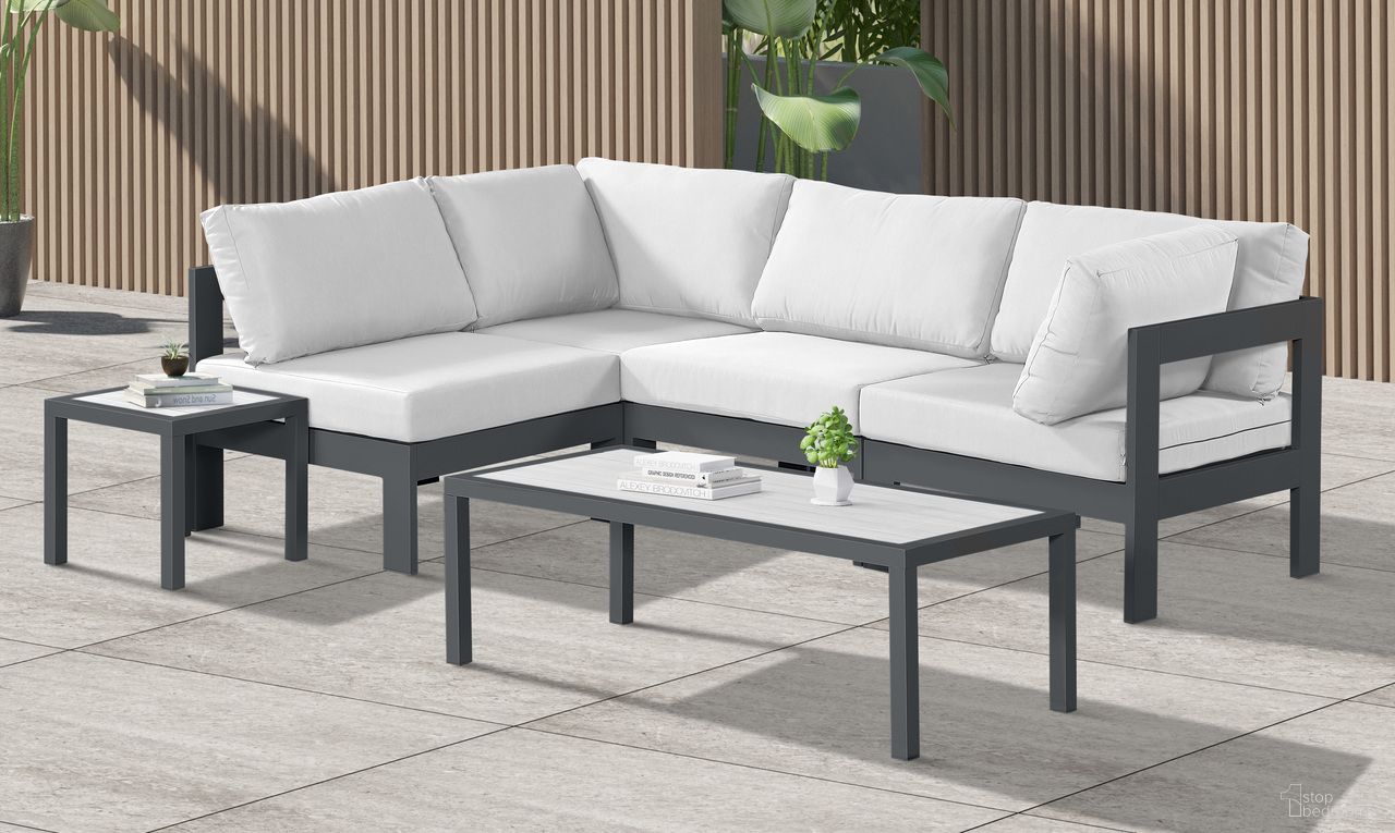 The appearance of Nizuc Water Resistant Fabric Outdoor Patio 4 Piece Modular Sectional In White designed by Meridian in the modern / contemporary interior design. This white piece of furniture  was selected by 1StopBedrooms from Nizuc Collection to add a touch of cosiness and style into your home. Sku: 376White-Corner;376White-Corner;376White-Armless;376White-Armless. Material: Aluminum.