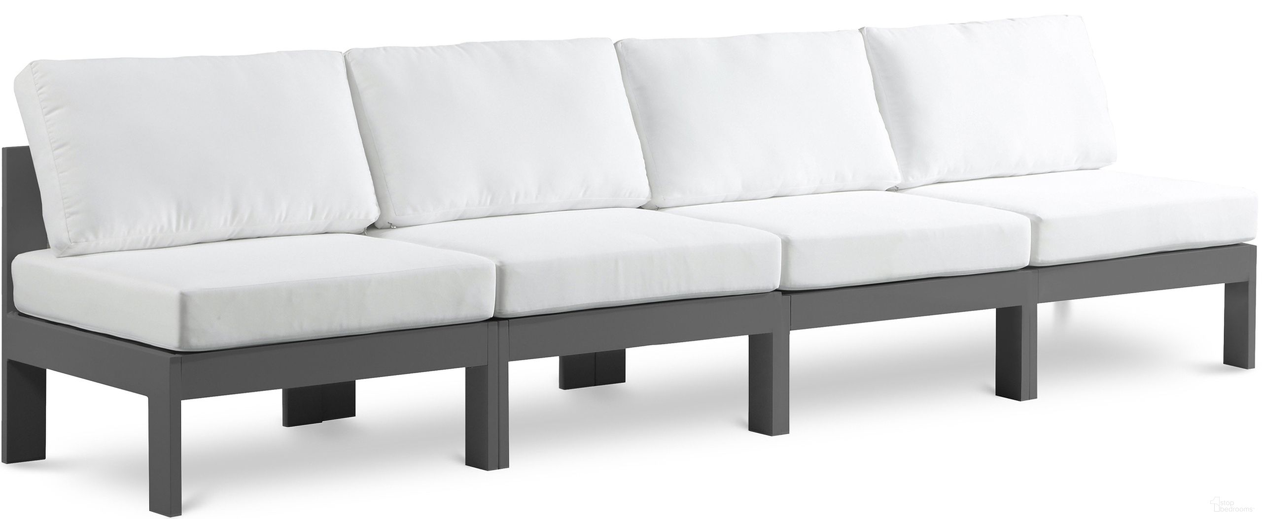 The appearance of Nizuc Water Resistant Fabric Outdoor Patio 4 Piece Modular Sofa In White designed by Meridian in the modern / contemporary interior design. This white piece of furniture was selected by 1StopBedrooms from Nizuc Collection to add a touch of cosiness and style into your home. Sku: 376White-Armless;376White-Armless;376White-Armless;376White-Armless. Material: Aluminum.