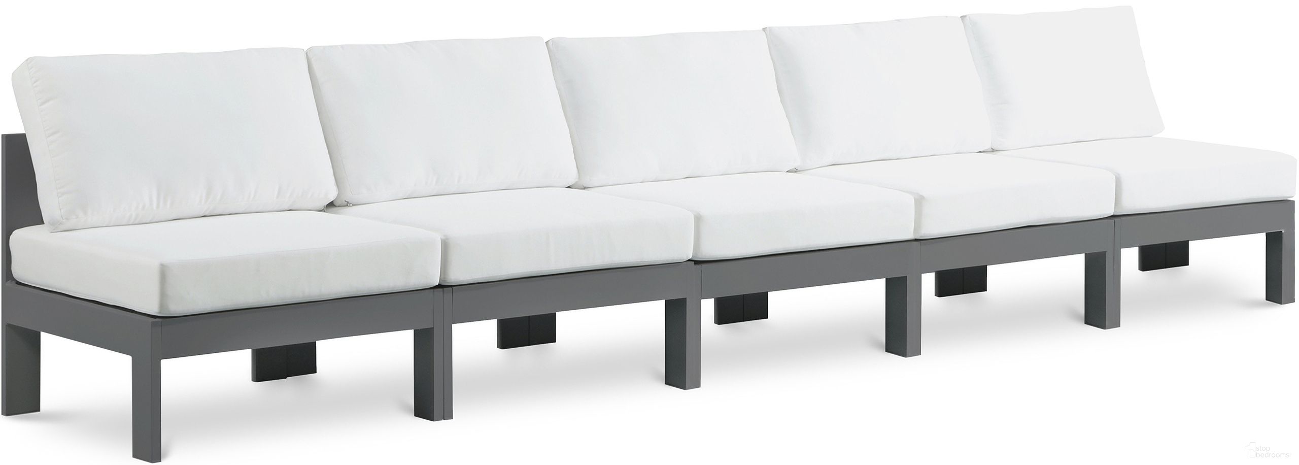 The appearance of Nizuc Water Resistant Fabric Outdoor Patio 5 Piece Modular Sofa In White designed by Meridian in the modern / contemporary interior design. This white piece of furniture was selected by 1StopBedrooms from Nizuc Collection to add a touch of cosiness and style into your home. Sku: 376White-Armless;376White-Armless;376White-Armless;376White-Armless;376White-Armless. Material: Aluminum.