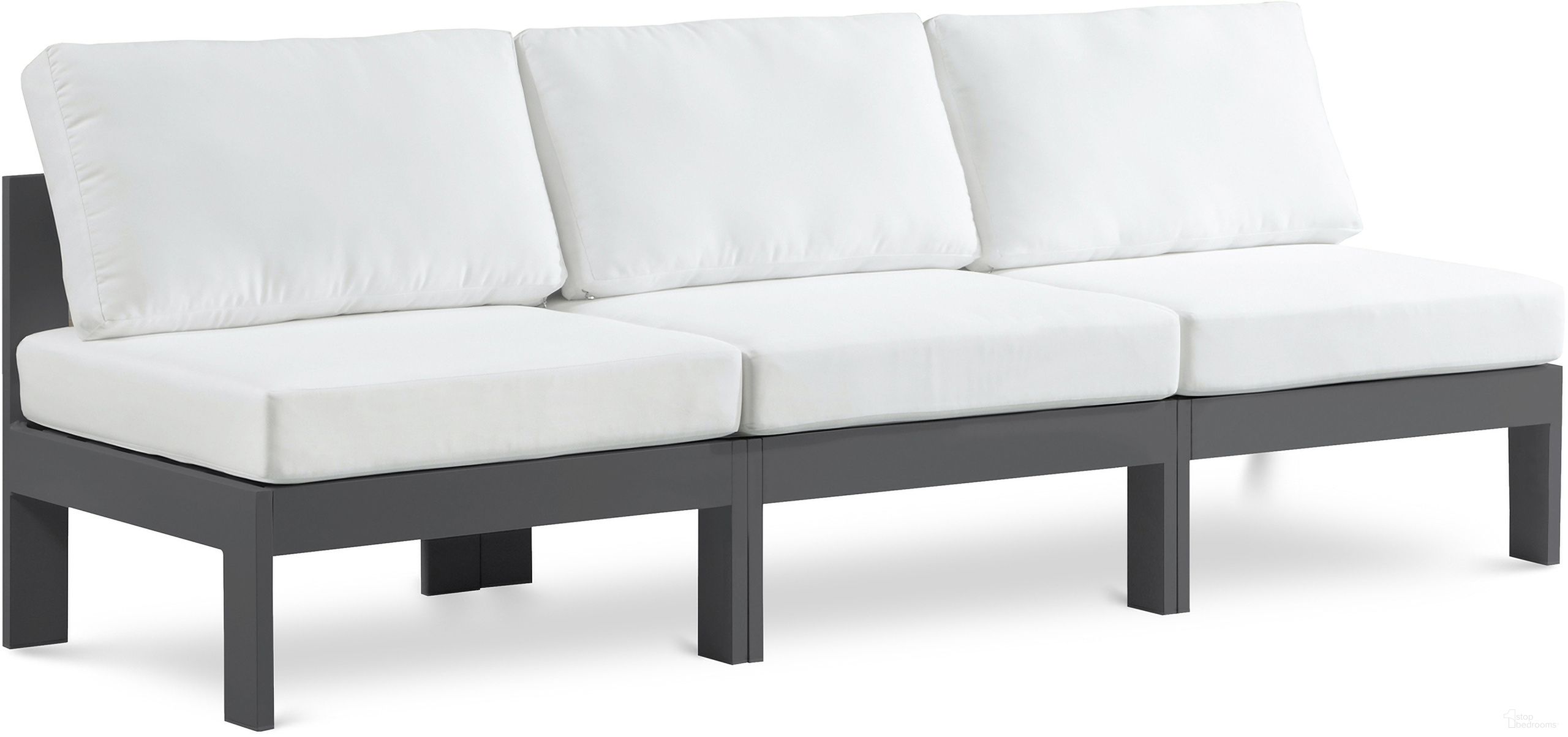 The appearance of Nizuc Water Resistant Fabric Outdoor Patio 3 Piece Modular Sofa In White designed by Meridian in the modern / contemporary interior design. This white piece of furniture was selected by 1StopBedrooms from Nizuc Collection to add a touch of cosiness and style into your home. Sku: 376White-Armless;376White-Armless;376White-Armless. Material: Aluminum.