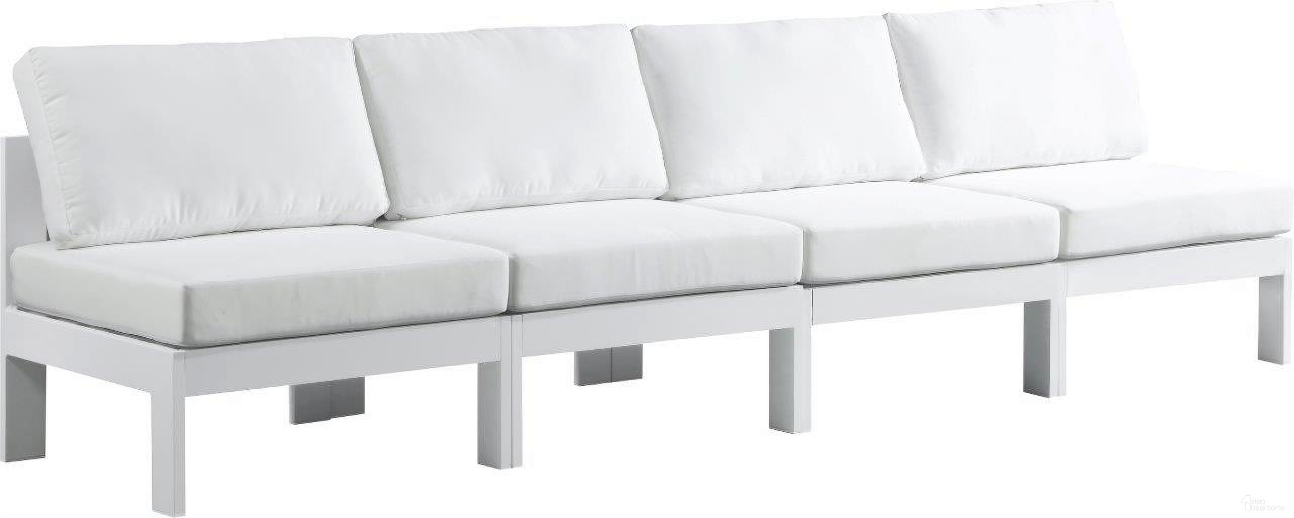 The appearance of Nizuc Water Resistant Fabric Outdoor Patio 4 Piece Modular Sofa In White designed by Meridian in the modern / contemporary interior design. This white piece of furniture was selected by 1StopBedrooms from Nizuc Collection to add a touch of cosiness and style into your home. Sku: 375White-Armless;375White-Armless;375White-Armless;375White-Armless. Material: Aluminum.
