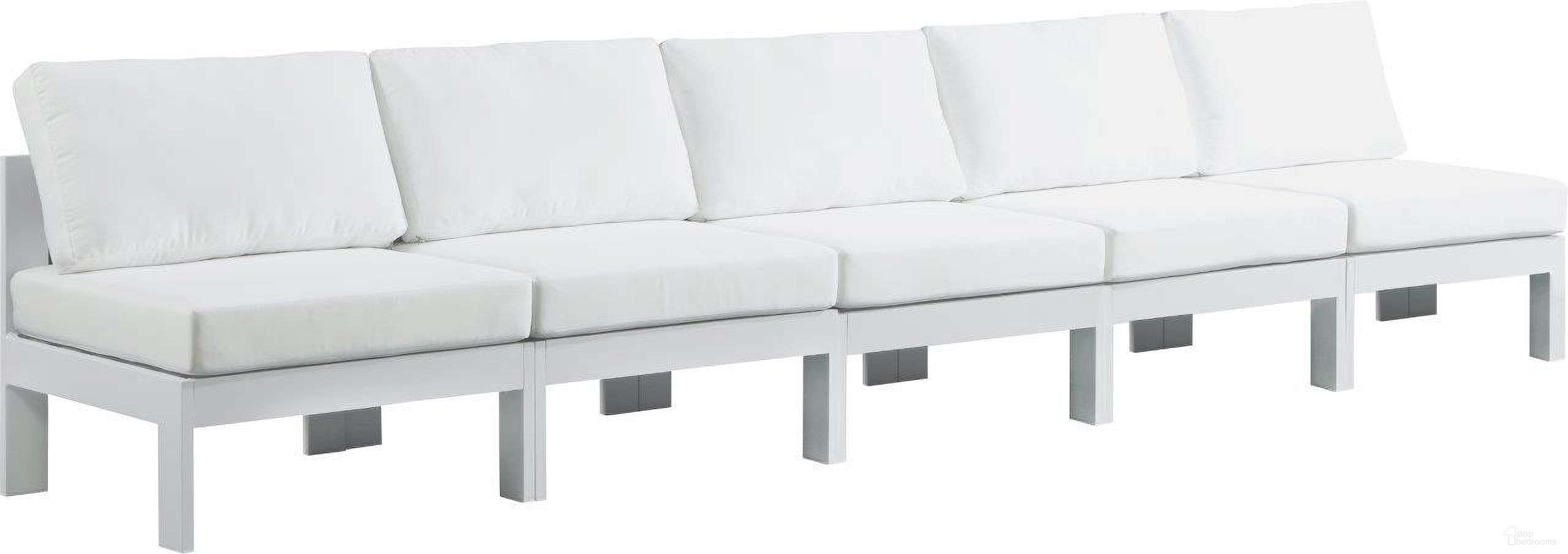 The appearance of Nizuc Water Resistant Fabric Outdoor Patio 5 Piece Modular Sofa In White designed by Meridian in the modern / contemporary interior design. This white piece of furniture was selected by 1StopBedrooms from Nizuc Collection to add a touch of cosiness and style into your home. Sku: 375White-Armless;375White-Armless;375White-Armless;375White-Armless;375White-Armless. Material: Aluminum.