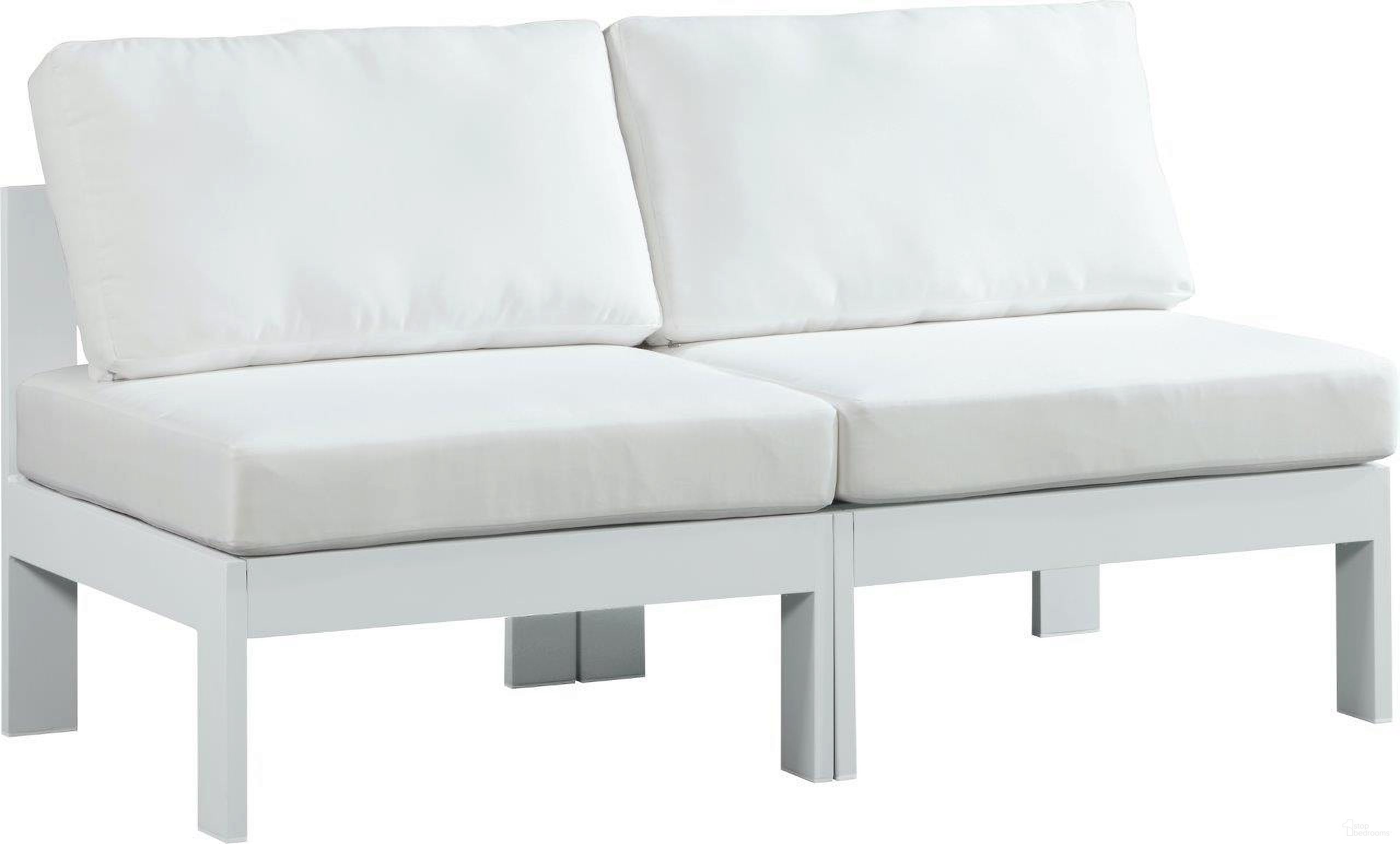 The appearance of Nizuc Water Resistant Fabric Outdoor Patio 2 Piece Modular Sofa In White designed by Meridian in the modern / contemporary interior design. This white piece of furniture was selected by 1StopBedrooms from Nizuc Collection to add a touch of cosiness and style into your home. Sku: 375White-Armless;375White-Armless. Material: Aluminum.