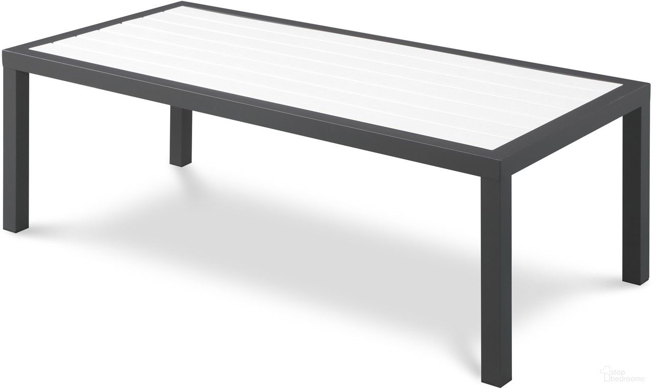 The appearance of Nizuc Wood Look Accent Paneling Outdoor Patio Aluminum Coffee Table In White designed by Meridian in the modern / contemporary interior design. This white piece of furniture  was selected by 1StopBedrooms from Nizuc Collection to add a touch of cosiness and style into your home. Sku: 372-C. Material: Aluminum. Table Top Shape: Rectangular.