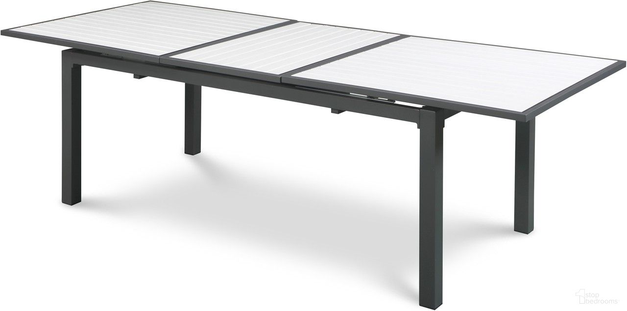 The appearance of Nizuc Wood Look Accent Paneling Outdoor Patio Aluminum Dining Table In White designed by Meridian in the modern / contemporary interior design. This white piece of furniture was selected by 1StopBedrooms from Nizuc Collection to add a touch of cosiness and style into your home. Sku: 367-T. Table Base Style: Legs. Material: Aluminum. Table Top Shape: Rectangular.