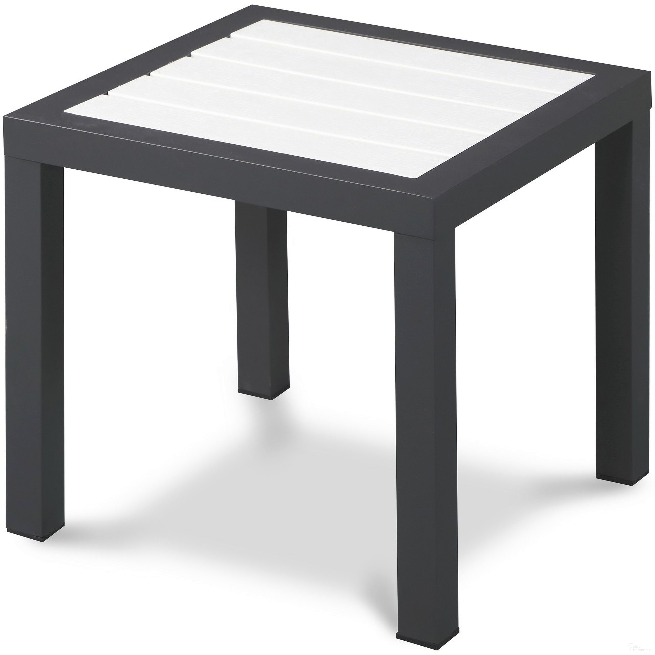 The appearance of Nizuc Wood Look Accent Paneling Outdoor Patio Aluminum End Table In White designed by Meridian in the modern / contemporary interior design. This white piece of furniture was selected by 1StopBedrooms from Nizuc Collection to add a touch of cosiness and style into your home. Sku: 372-E. Table Top Shape: Square. Material: Aluminum.