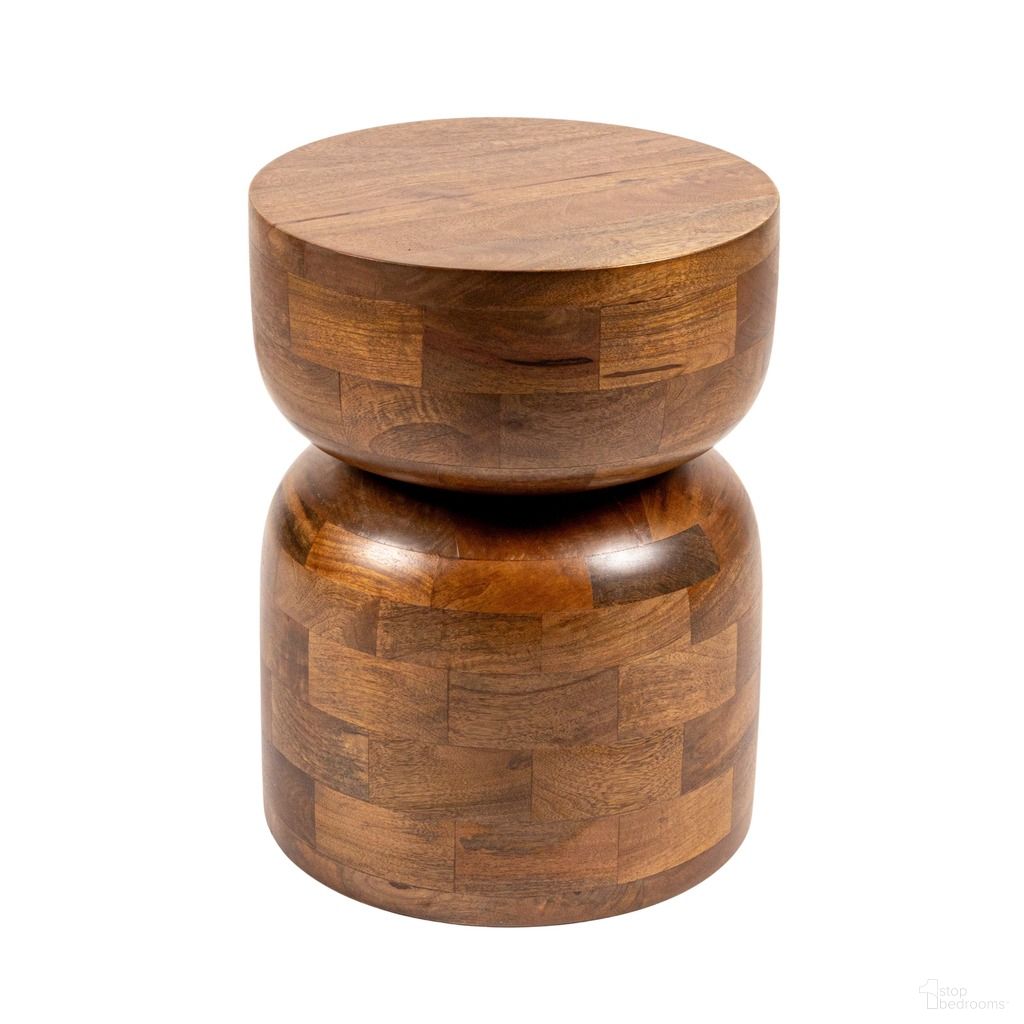 Noah Round Mango Wood Stacked End Grain Accent Table In Walnut