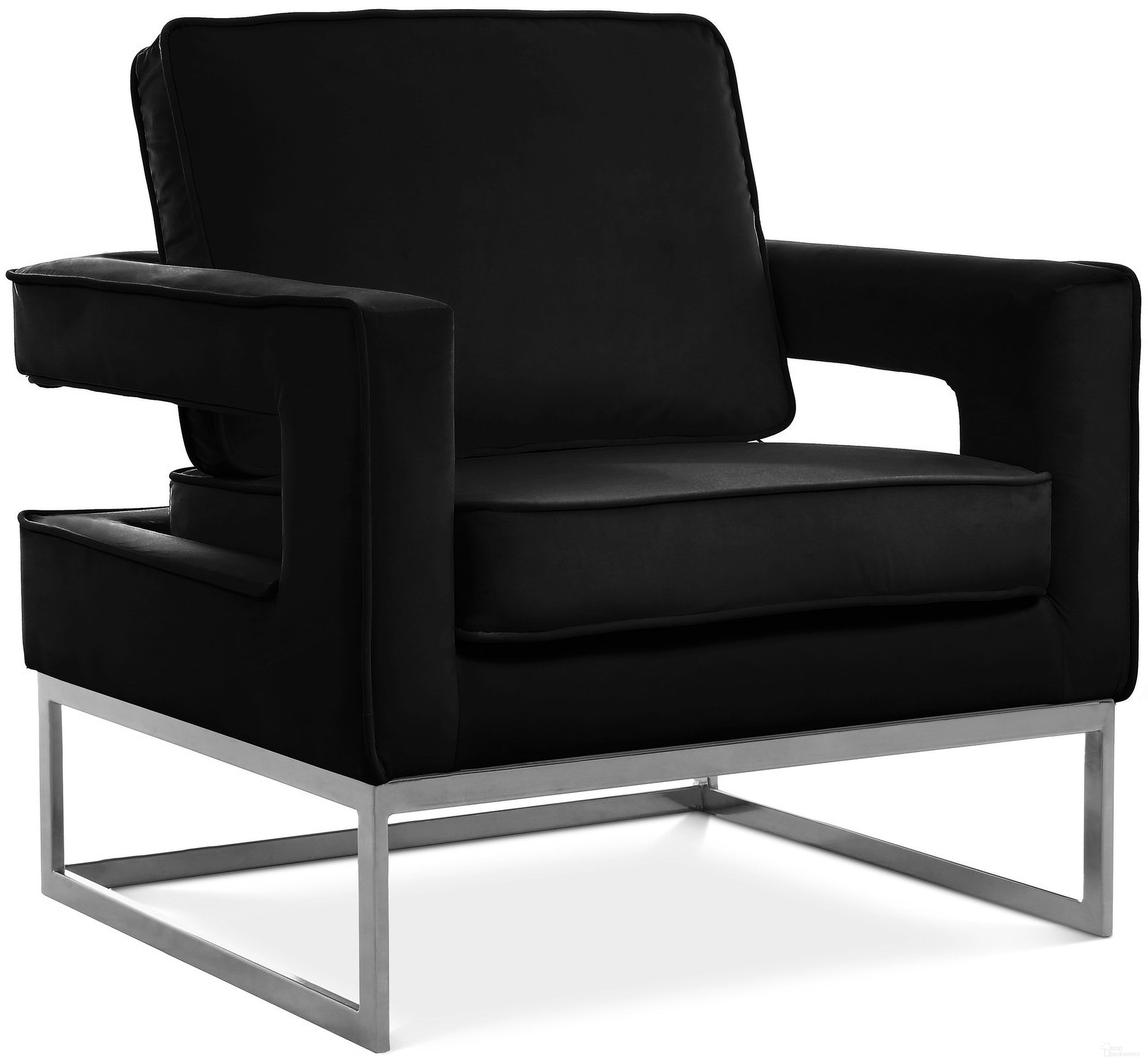 The appearance of Noah Velvet Accent Chair In Black/Chrome designed by Meridian in the modern / contemporary interior design. This black piece of furniture was selected by 1StopBedrooms from Noah Collection to add a touch of cosiness and style into your home. Sku: 510Black. Material: Velvet.