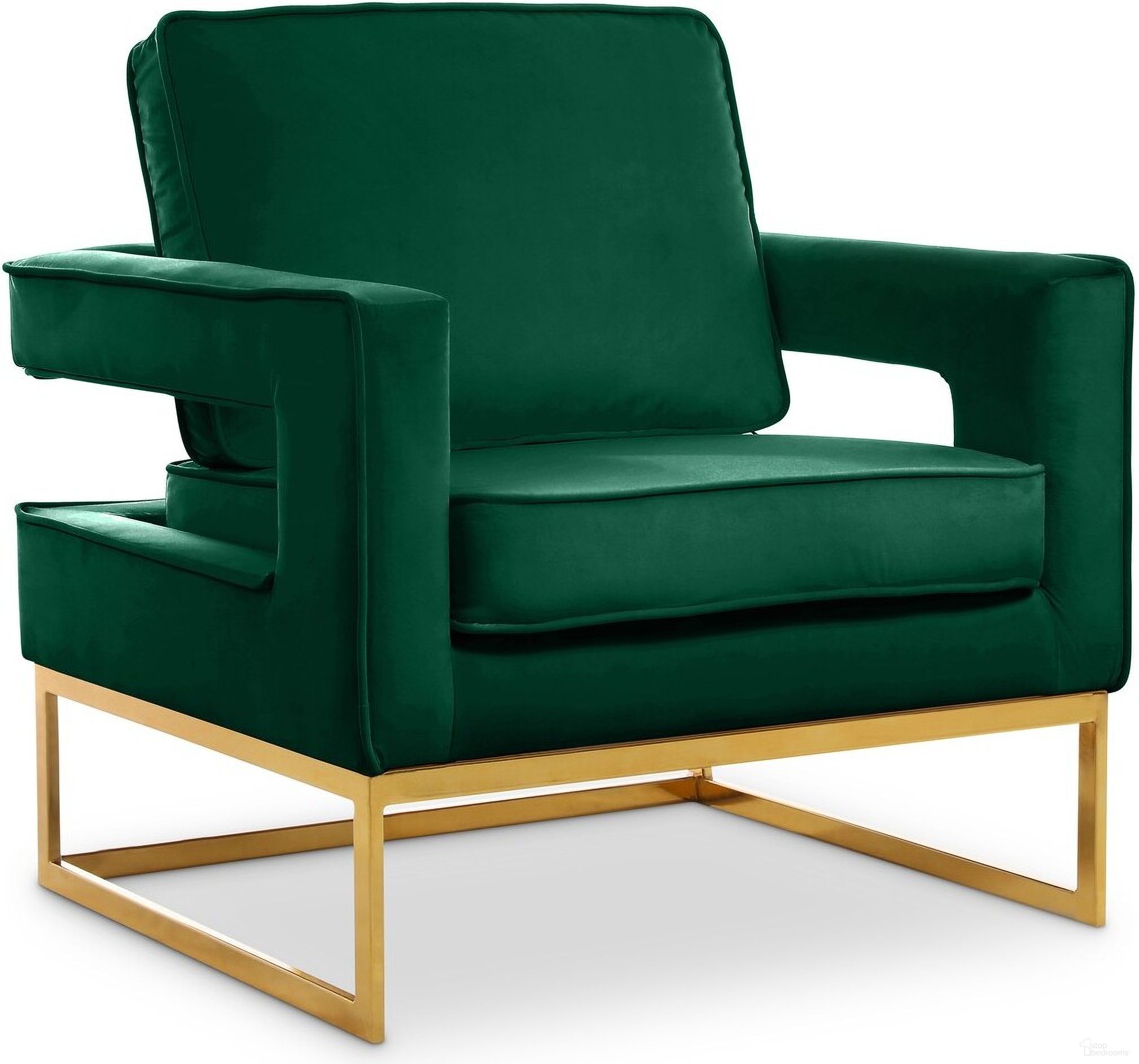 The appearance of Noah Velvet Accent Chair In Green designed by Meridian in the modern / contemporary interior design. This green piece of furniture  was selected by 1StopBedrooms from Noah Collection to add a touch of cosiness and style into your home. Sku: 511Green. Material: Velvet.